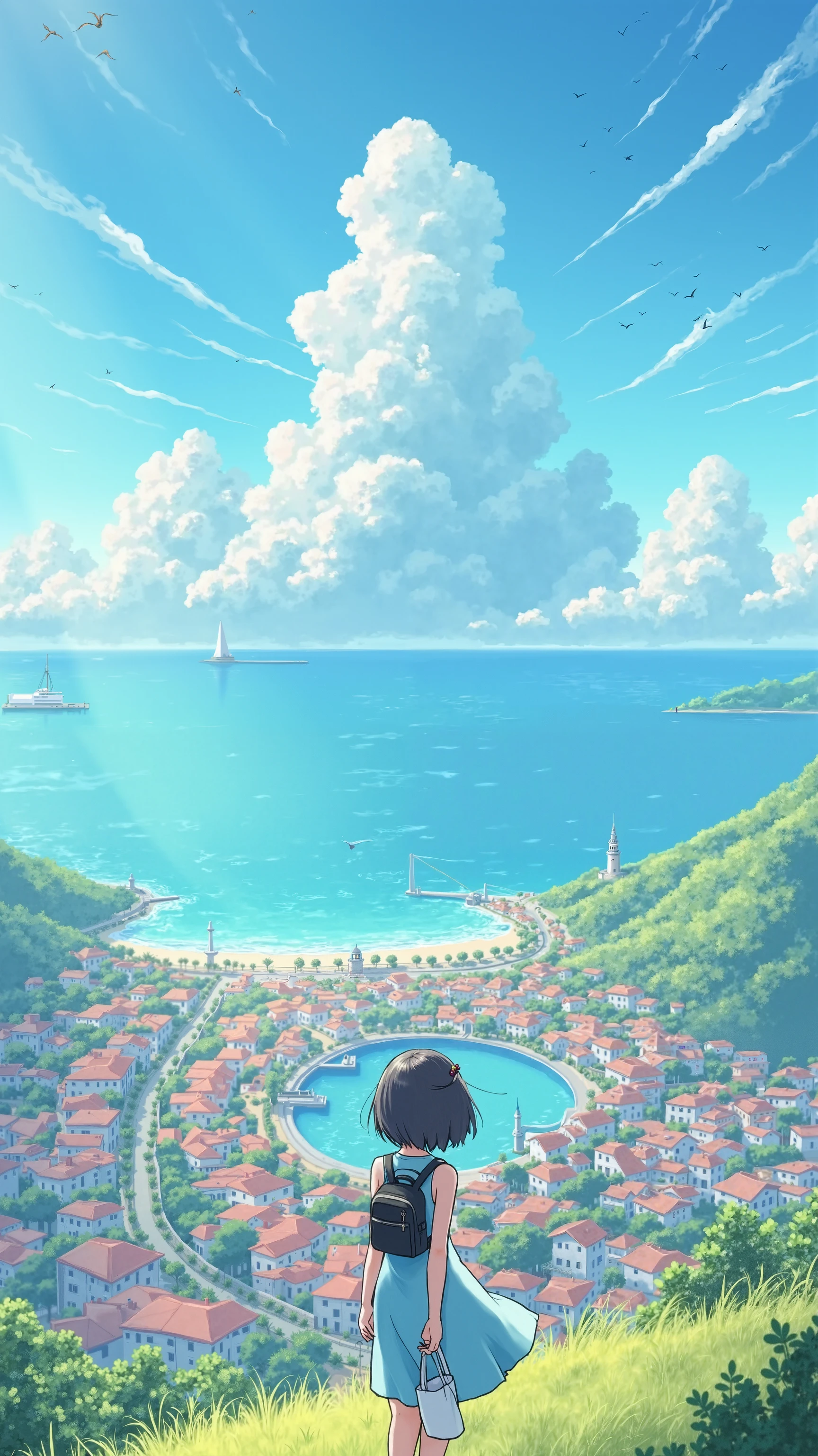 Anime girl looking at the ocean from a hill with a city in the ...