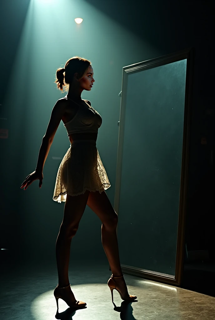 (Emma Watson),, in front of a window, the woman stands slightly bent forward with her back to the camera and looks out of the window. From outside, the sun shines into the dark room. The woman wears a bra and panty, over which a see-through dress, The slender body and her small round butt stands out clearly in front of the bright window, (Masterpiece:1.2) (photorealistic:1.2) (best quality) (intricate details) (8K) (High Poly) (Raytracing), (Sharp Focus)