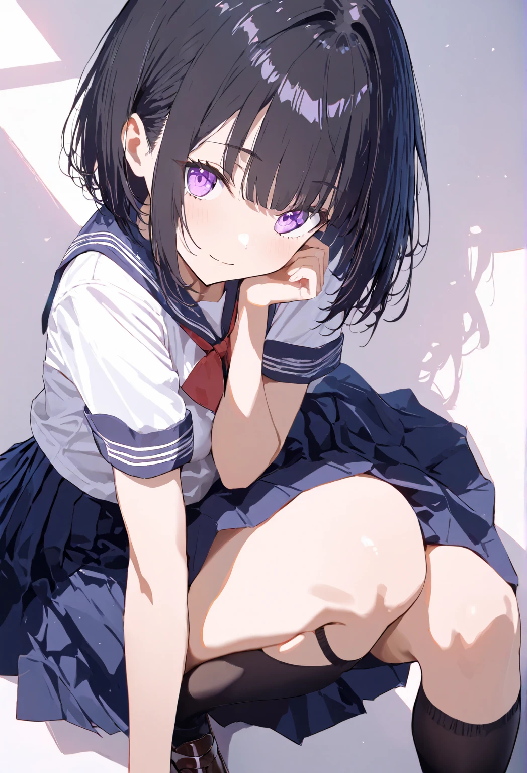 realistically, 1 girl, longhair, purple eyes, glowing eyes, white short skirt, Blush, daytime, sun light, Strapless, Wet from the rain, Seethrough, windy, Sit with your knees raised., armpit, pussy, crotch, nipples, shy