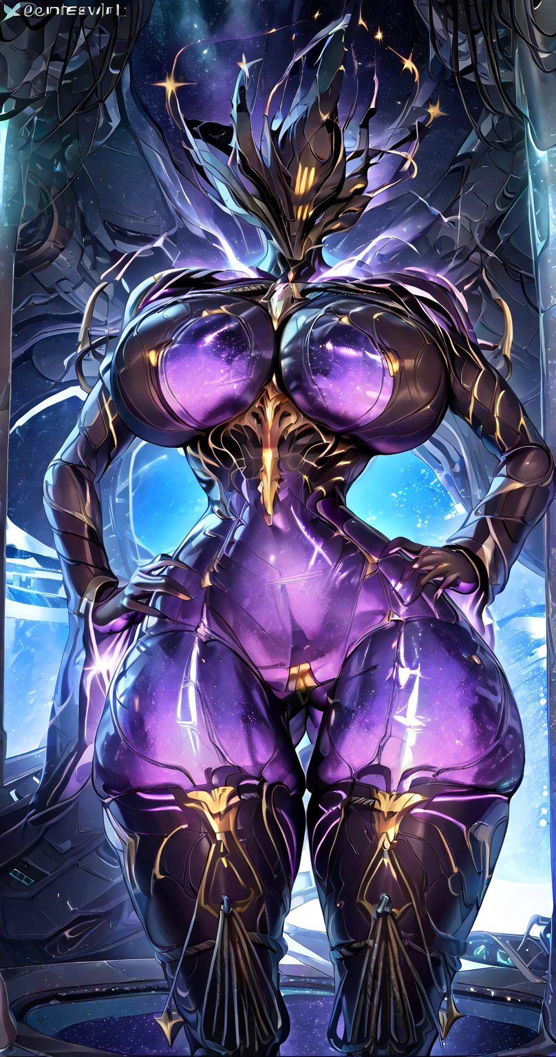 ((Close-up)), tall, (violet purple hair) beautiful muscular woman, long hair with long bangs, pale white skinned, closed smile, (black lipstick), (massive muscles), (hyper muscle), (ginormous bulky muscles), glowing black eyes, ((full violet cybernetic suit of armor)), (cybernetic pants), choker, boots, in a neon city,