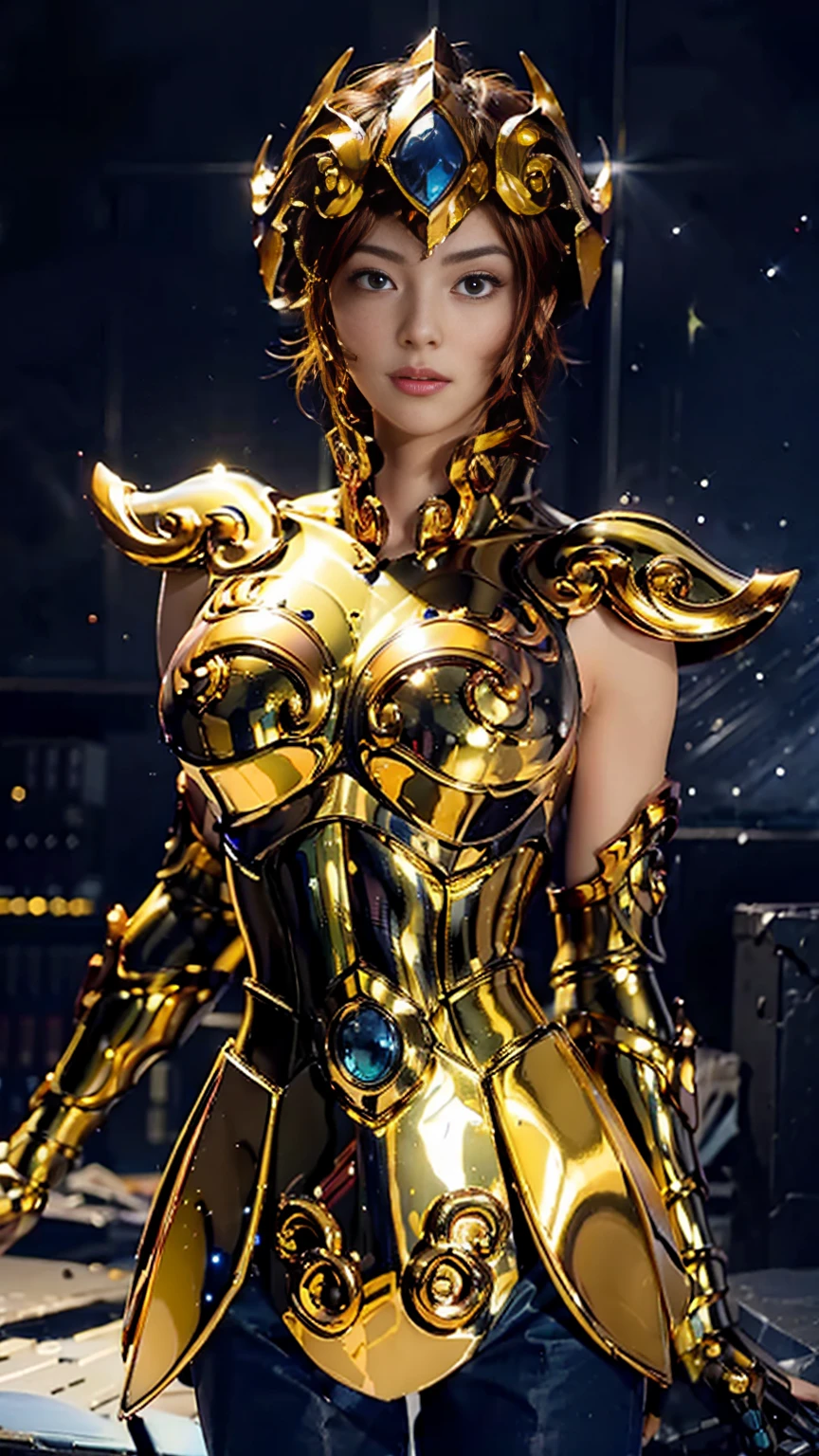 (( (tmasterpiece),(Very detailed CG Unity 8K wallpaper),best qualtiy,cinmatic lighting,Detailed background,beatiful detailed eyes,Bright pupils,(Very fine and beautiful),(Beautiful and detailed eyes description),ultra - detailed,tmasterpiece,hight resolution)), Curly, Richly decorated golden armor, a beautiful woman warrior, (a pixie cut:1.4, Platinum Blonde Hair), cleavage of the breast