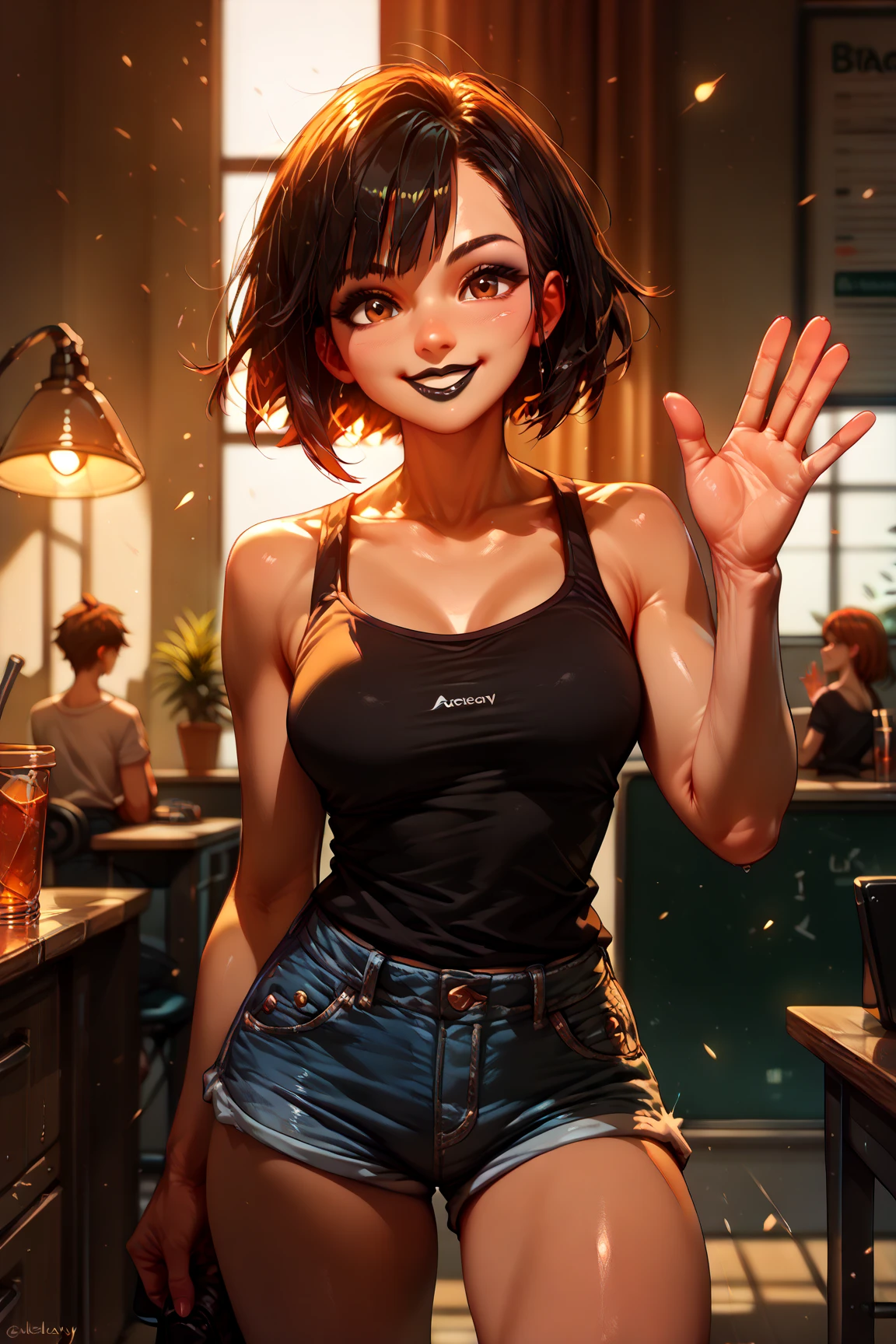 owmaker, pale skin, long hair, ponytail, yellow eyes, wearing a purple vneck shirt, jeans, belt, looking at viewer, serious, smiling, medium shot,
standing, interior of a cozy kitchen, holding a tall glass of orange juice, window, natural lighting, extreme detail, masterpiece, <lora:owmakerv5-7-r1-4:.7>