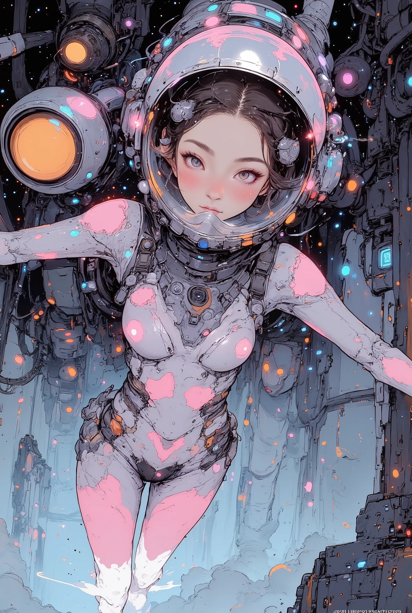 (((Macro))), close up shot : 1.8, space station, ((masutepiece, space suits、Best Beauty Astronaut Images, Glowing expression spinning the earth、Intricate details of the astronaut's suit, Showcasing its advanced design and technology,Swimming in outer space)), (Great attention is paid to the interaction of light on the reflective surface of the suit, Create depth and credibility), 1 girl, detailed person, high resolution, 32K, realistic depiction, (masterpiece, highres, high resolution:1.2), japanese, (((blushing))), solo, smile, big lips, perfect body, Please open your mouth a little, (Anatomically correct), (((Stylistically diverse))), detailed scenes, quirky twist, unique visuals, abstract, surreal Painted light, Pastel colours, Isolated subjects,innocent colours, Soft Lighting, detailed and intricate environment, A masterpiece, tracing effects, oil painting aesthetic, mystical allure, Beautiful details, stylized art aesthetic, Broken Glass effect, stunning, something that even doesn't exist, mythical being, energy, molecular, textures, iridescent and luminescent scales, breathtaking beauty, pure perfection, divine presence, unforgettable, impressive, breathtaking beauty, Volumetric light, auras, rays, vivid colors reflects, (white backgriound : 1.4),