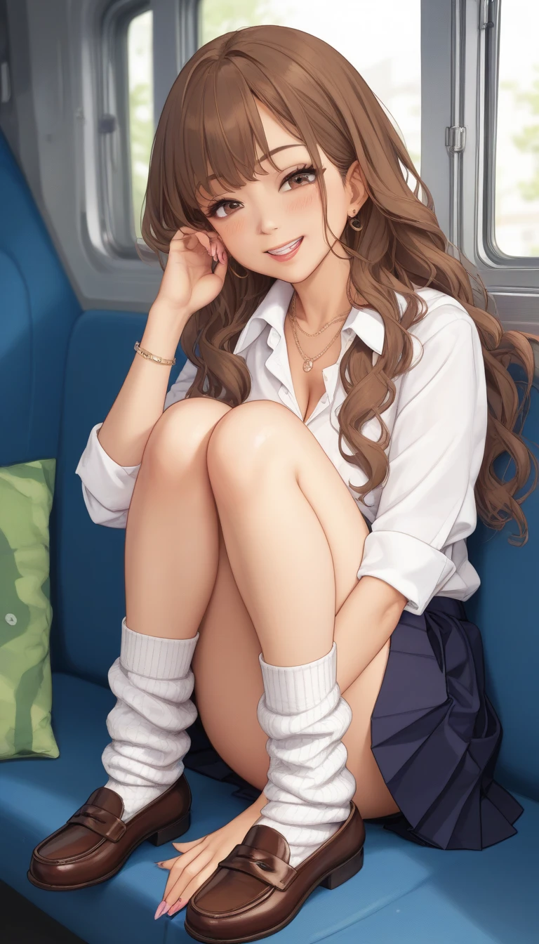 Beautiful woman, inside a combi from Mexico, lying on a sofa, light brown hair, long hair, white dress, perfect body, very detailed, good lighting very colorful, navy blue heels, pink blouse, green skirt
