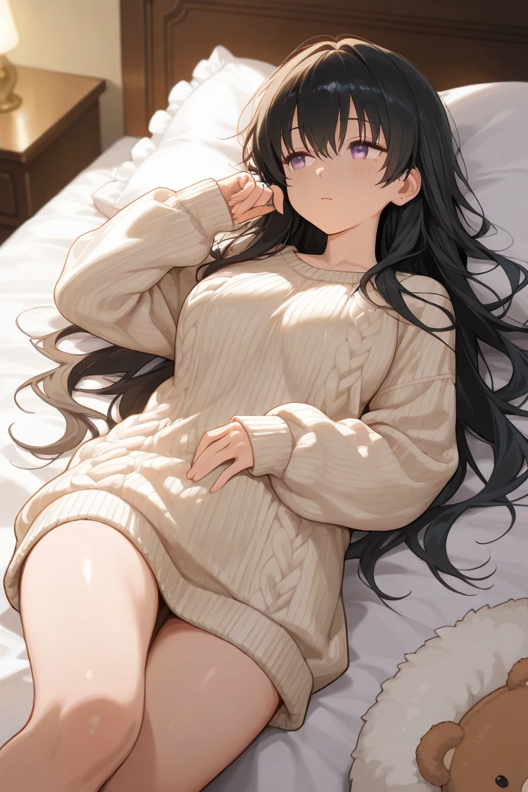 (best quality,ultra detail,photorealistic:1.37),1girl,14yo,smile,happy,indoors,bed,lying, lying on bed,medium hair,blue eyes,brown hair,sweater,jeans,portraits,vivid colors,warm tones,soft lighting,stunning background, arms up, full body, arms behind head, long sweater, midriff peek