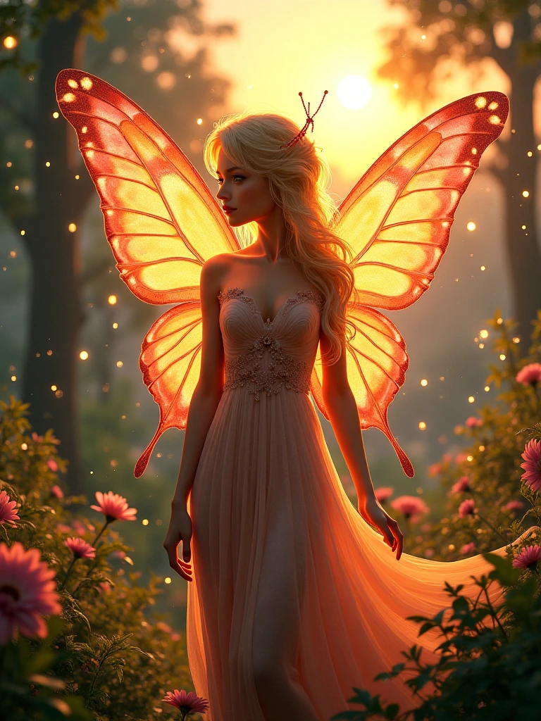a woman with long hair wearing a colorful dress, magical fairy background, stunning 3d render of a fairy, rainbow wings, beautiful adult fairy, fairy aesthetics, fairy cgsociety, fairy look, rainbow fireflies, beautiful fairy, fairy wings, magical dress, glowing butterflies, fairies have wings, pinterest anime, astral fairy, colorful aura, magical aura, space flower fairy