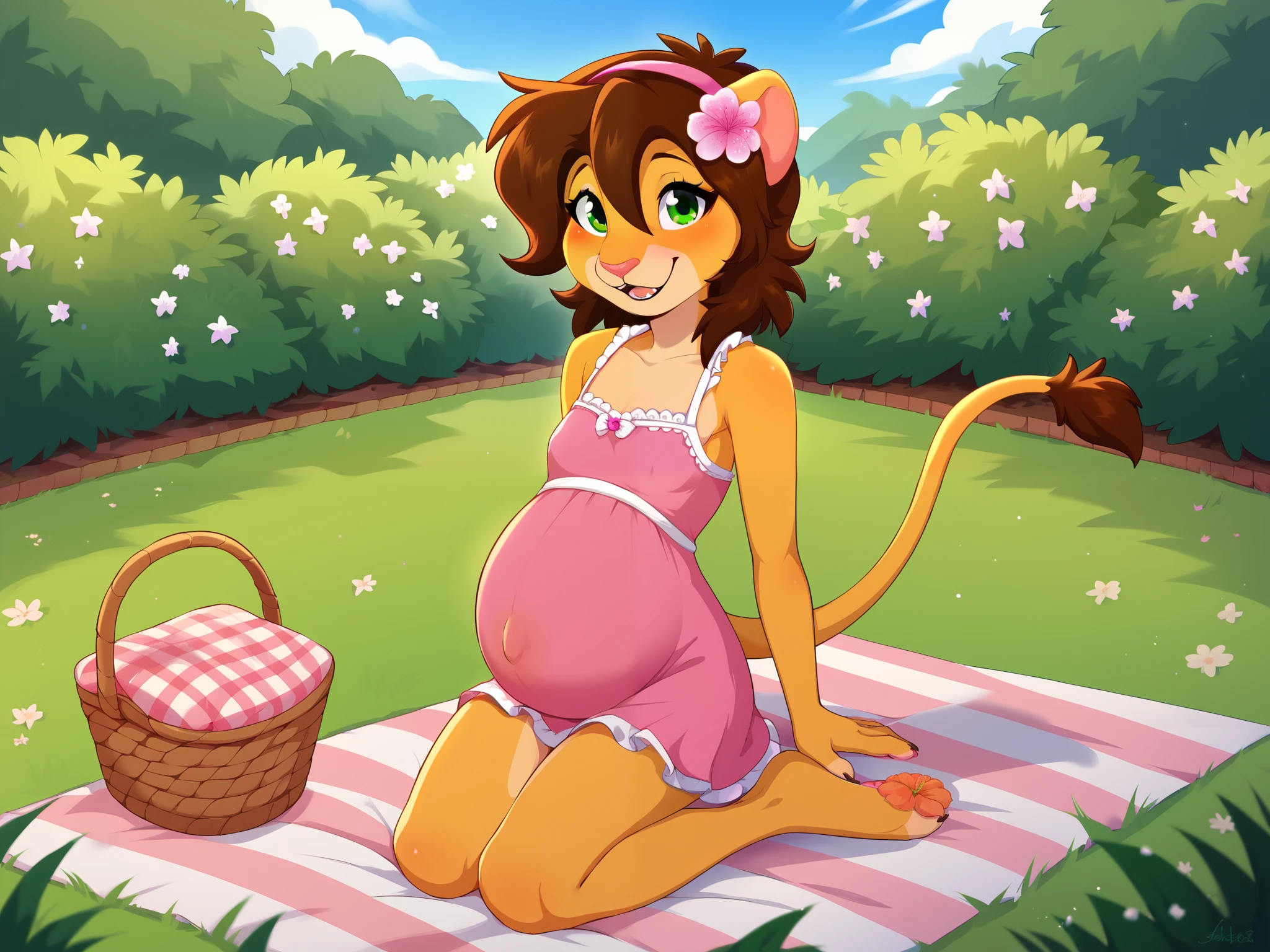 score_9, score_8_up, score_7_up, source_cartoon, anthro girl on sitting at a picnic, on knees, picnic basket, solo focus, sleeveless pink dress, looking at viewer, Keiko, brown hair, furry female, green eyes, smile, animal ears, tail, animal nose, hairband, hair ornament, hair flower, body fur, short hair, bangs, lion ears, in park, solo, 1girl, character alone, pregnant, , blush, flat , small .