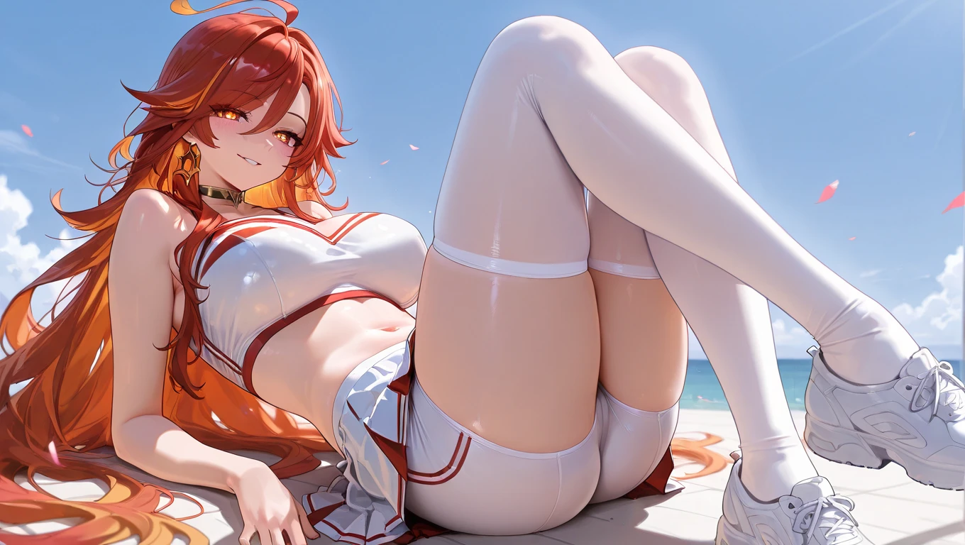Create a 25 year old anime girl in white underwear with wide hips and large breasts with her legs up, con pelo rojo y ojos en color azul en una cama lujosa y un paisaje de una habitacion lujosa