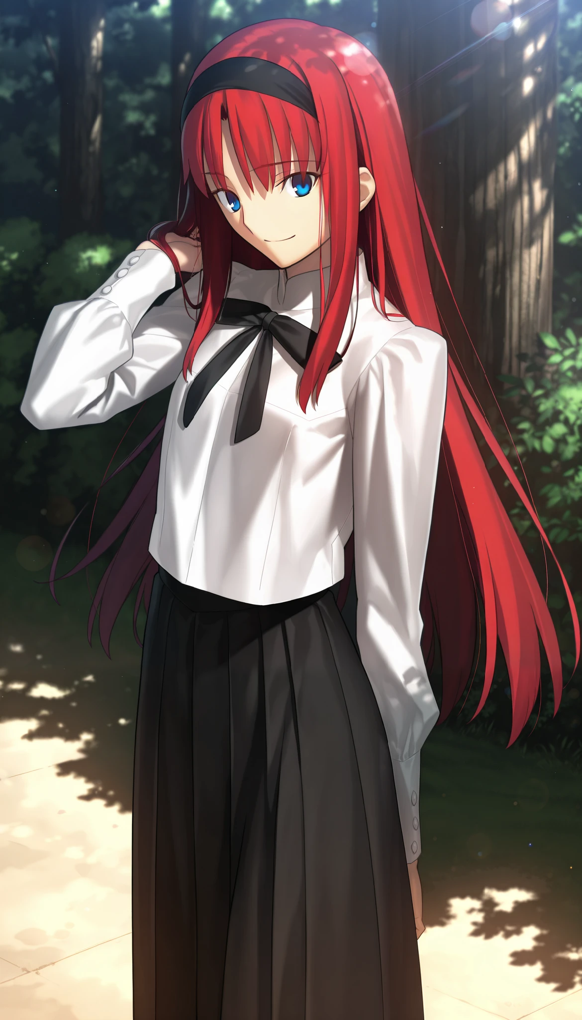 masterpiece, , absurdres, highres, detailed background, high resolution, masterpiece, necessary, detail, best quality, quality, necessary, details, High details, Precise, dark, outdoors, dappled sunlight, day, lens flare, blurry background, from above, upper body,
1girl, , Takeuchi Takashi (type-moon,tsukihime) style, takeuchi takashi style,
tall girl, mature, Akiha_Tohno, (tsukihime), red hair, bangs, long hair, blue eyes, straight hair, tsurime, ,(playing with own hair), smile,
(white shirt, black long skirt), nipple, dark red ribbon, small breast, flat chest, , looking at viewer, ,