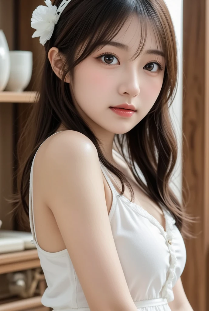 (masterpiece:1.3), (8K, realistic, RAW photos, Best image quality: 1.4), japanese high school girl、(random hairstyle:1.2)、have big breasts:1.2、breastfeeding 1.ts too big、round ass、complete appearance、very detailed face、eye for detail、double eyelid、Put your heart together、sharp focus:1.2、Beautiful woman:1.4、light brown hair、top quality、masterpiece、ultra high resolution、(realistic:1.4)、Highly detailed and professionally illuminated smile、Loose and light knitwear、hold out one'shoulder、slim、serious expression、short and delicate hair、fatal position