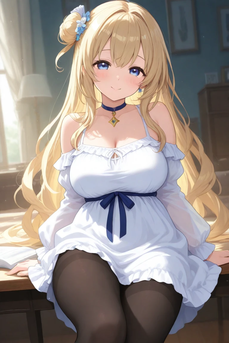 masterpiece, best quality, ultra detailed, detailed eyes, sparkling eyes, nsfw, ((large breasts)), ((bare breasts)), The image depicts an anime-style character sitting on a bed in a softly lit room. The character is a young woman with long, flowing blonde hair that cascades over her shoulders and down her back. She has blue eyes and a gentle, confident smile on her face, giving her an overall friendly and approachable appearance. Her outfit consists of a sleeveless white top with a high collar and a navy blue dress that cinches at the waist with a decorative belt. The dress is somewhat revealing, emphasizing her curvy figure. She also wears black thigh-high stockings, adding to the modern and stylish look. The background shows a bright window with sunlight streaming in, illuminating the room and highlighting the character. There are a few plants visible outside the window, contributing to a serene and peaceful atmosphere. The setting appears to be a cozy and comfortable bedroom, with light-colored bedding and minimalistic decor. The overall mood of the image is warm and inviting, enhanced by the character's relaxed and content expression.