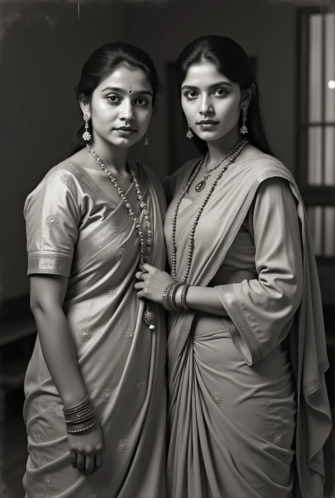 Indian Kerala woman,((1890s:1.3)), ((front view:1.3)),bare back, wearing kerala style clothes of that era, (lehnert and landrock photography:1.4), looking at camera,((monochromatic:1.3)), ((photorealistic:1.4)), curvy, smiling, anatomically correct, tall, long messy hair, outdoors