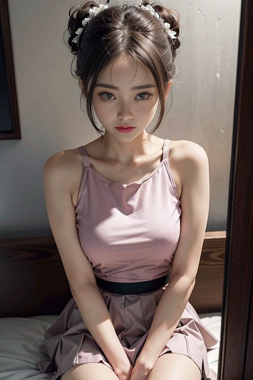 (RAW photo, best quality), (realistic, photo-realistic:1.3), best quality ,masterpiece, an extremely delicate and beautiful, extremely detailed ,CG ,unity ,2k wallpaper, Amazing, finely detail, masterpiece, light smile, best quality, extremely detailed CG unity 8k wallpaper, huge filesize , ultra-detailed, highres, extremely detailed, 1girl, slim body, small breasts, (black leotard top), (pink skirt:1.2), (bun hair), (brown hair), looking at looking at viewer, sharp focus, face close-up, nsfw, <lora:Japanese-doll-likeness:0.2>, <lora:koreanDollLikeness_v15:0.2>, <lora:cuteGirlMix4_v10:0.2>, pureerosface_v1:0.8