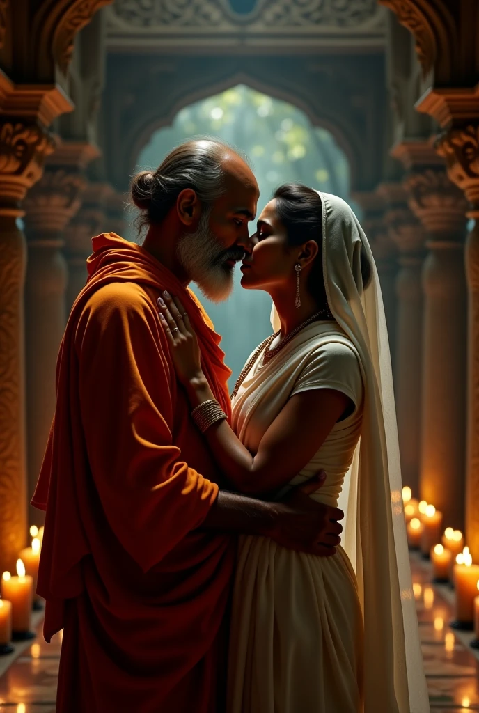 Young sexy girl, curvy hourglass body, wearing black saree, old muscular Hindu pandit, kissing, on the bed in hindu temple.