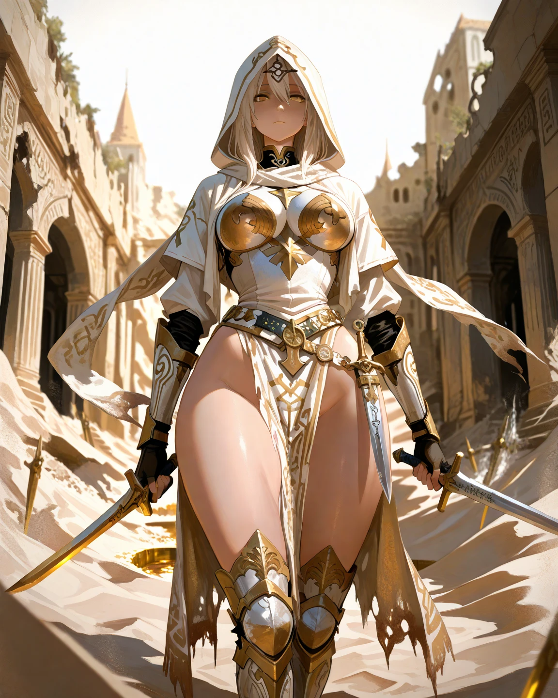 Alone elf, Female elf, fantasy race, large breasts, white bikini, mage woman, blond hair, white mage hat, white high boots, standing