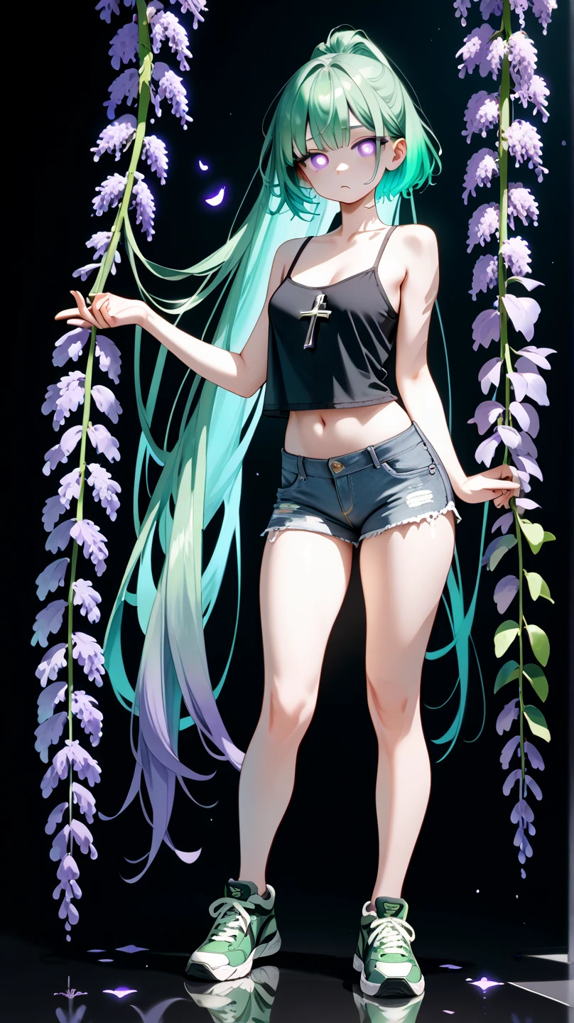 best quality, masterpiece, by reiko, full body, character illustration, highres, best lighting and shadow, stunning color scheme, solo, horns, braid, forehead mark, jewelry, white background, long hair, pointy ears, bead necklace, beads, simple background, necklace, oni horns, looking at viewer, bare shoulders, looking back, facial mark, oni, 1girl, off shoulder, from behind, blonde hair, green eyes, earrings, braided ponytail, very long hair, prayer beads, closed mouth, green hair, sleeveless