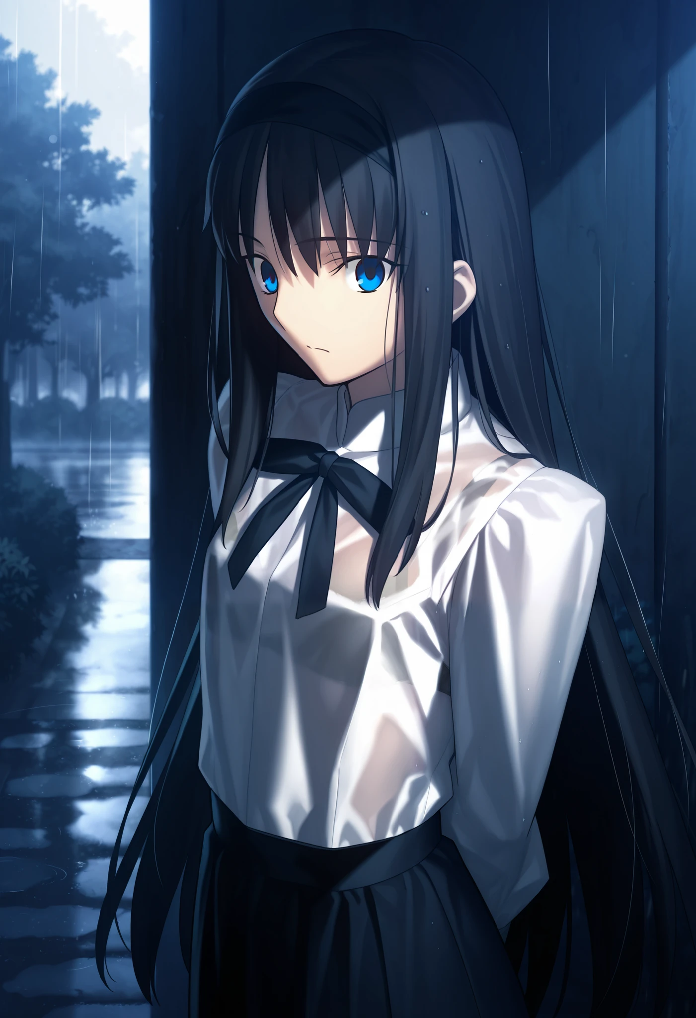 masterpiece, , absurdres, highres, detailed background, high resolution, masterpiece, necessary, detail, best quality, quality, necessary, details, High details, Precise, dark, outdoors, dappled sunlight, day, lens flare, blurry background, from above, upper body, from side,
1girl, , Takeuchi Takashi (type-moon,tsukihime) style, takeuchi takashi style,
tall girl, mature, Akiha_Tohno, (tsukihime), black hair, bangs, long hair, blue eyes, upturned eyes, black headband, straight hair, tsurime, ,(arms behind back), surprised, wide-eyed,
(white shirt, black long skirt), see-through, bra, undress black ribbon, small breast, flat chest, , looking at viewer, rain,
