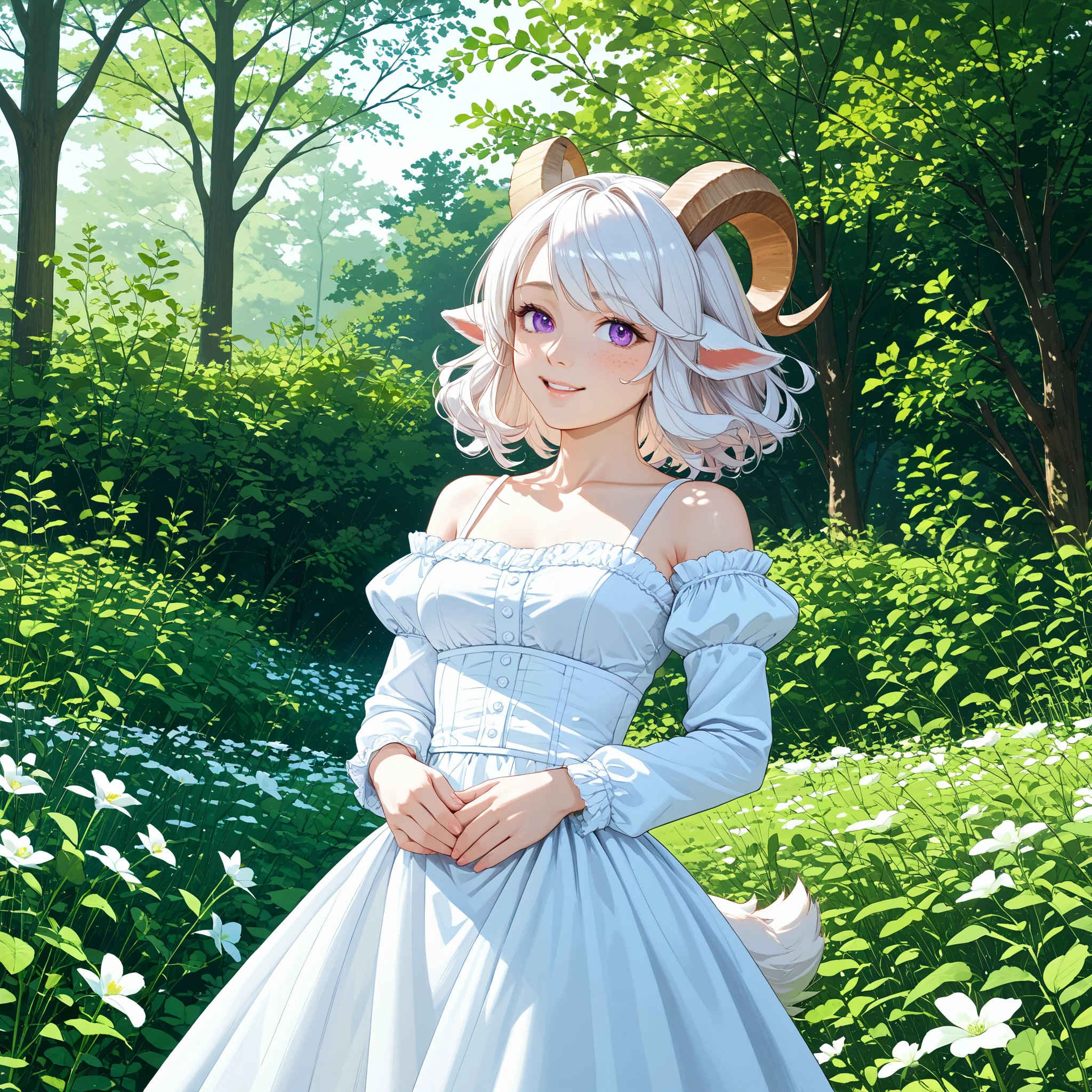 (High CT quality,4k,High resolution,mainpiece:1.1),(Very detailed,Realistic:1.37,Best quality,masterpiece, high resolution,on_body), (Tyndall effect,photorealistic, Edge lighting, Two-color lighting),(high definition skin:1.1), (8K UHD, DSLR quality, soft lighting, high quality, surround lighting, sincere, de 8K , 4K, 8K.) A village goat girl. white short goat horns grow on her head,little goat tail and fluffy goat ears. she has white skin covered with blush and freckles. She has short curly white hair and a bob haircut.She has purple eyes. She is wearing a white sundress with an open neck and breeches with long airy sleeves. She has a wreath of dandelions and clover on her head. Background : a sunny day in an endless field where many wildflowers such as clover, dandelions, daisies, lavender, bluebells and cornflowers bloom.