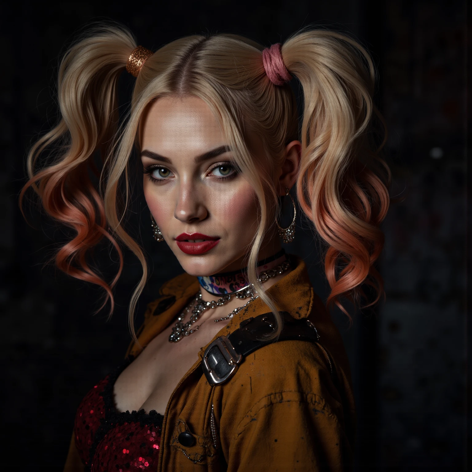 (best quality,photorealistic:1.37),sexy,Harley Quinn (Dr. Harleen Quinzel),DC Comics,charismatic pose,dark background,red and black color scheme,sitting on the ground with legs spread,lingerie costume,high-definition details,crazy deep blue eyes,playful smile,smoky eye makeup,long flowing blonde and red hair,strappy heels,confident expression,dangerous vibe,flawless skin,body painted tattoos,colorful diamonds pattern on outfit,provocative look,wicked grin,Cacophony graphic novel inspired,street graffiti backdrop,neon lights and reflections,edgy and seductive,stylized digital artwork