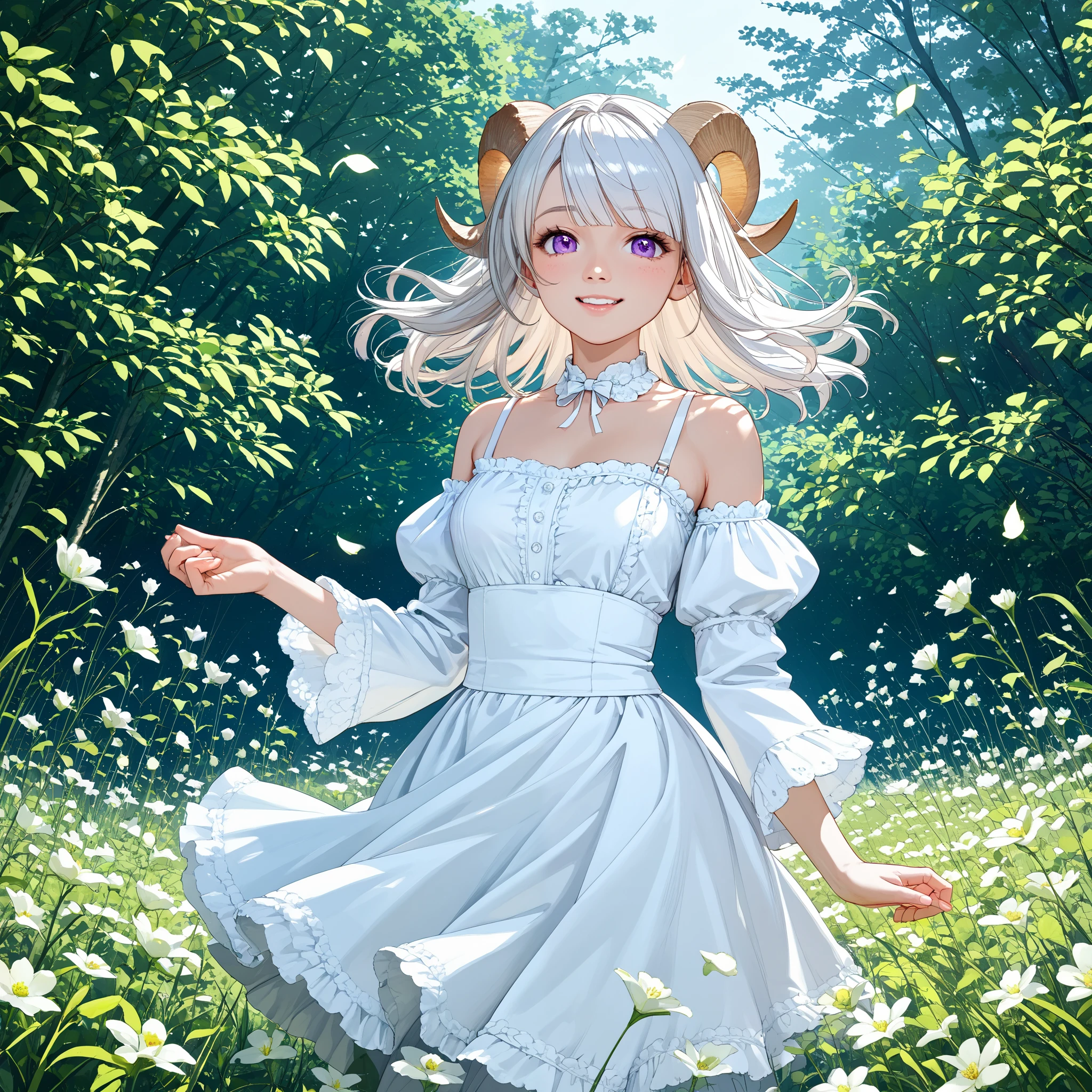 HDR,Dutch angle,all body,1 girl,cherubic sheep girl,white hair,medium breasts,curved sheep horns,soft fluffy white clothes,cleavage,bare shoulders,delicate freckles,detailed eyes,(expressionless),smile,half-closed eyes,open mouth, BREAK sitting on meadow,she gazes off into the distance,the sun's warm rays,In the heart of a tranquil meadow,breeze