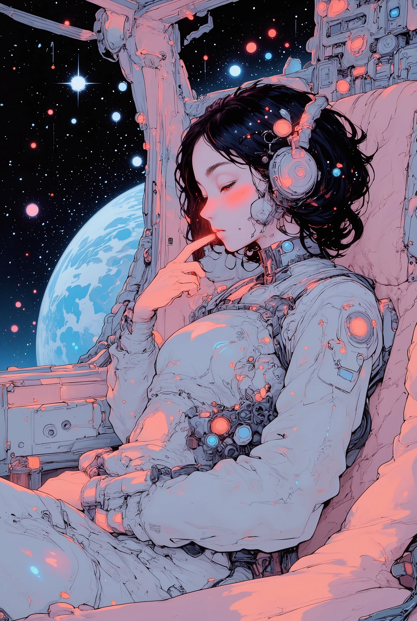  (((Macro))), close up shot : 1.8, profile, (((side view))), from side, space station, ((masutepiece, space suits、Best Beauty Astronaut Images, Glowing expression spinning the earth、Intricate details of the astronaut's suit, Showcasing its advanced design and technology,Swimming in outer space)), (Great attention is paid to the interaction of light on the reflective surface of the suit, Create depth and credibility), 1 girl, detailed person, high resolution, 32K, realistic depiction, (masterpiece, highres, high resolution:1.2), japanese, (((blushing))), solo, smile, ((Pointing with index finger.)), (((all five fingers))), perfect body, (Anatomically correct),  detailed scenes, Pastel colours, innocent colours, Soft Lighting, detailed and intricate environment, A masterpiece, tracing effects, Beautiful details, pure perfection, impressive,  Volumetric light, auras, rays, vivid colors reflects, In the background, Earth is partially visible, 