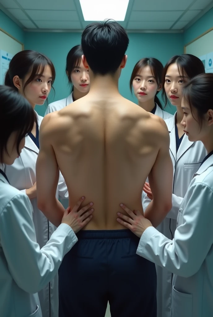 1boy、Real photo style、Photo Quality、Cute handsome man、Mash Hair、Japanese male, 、Completely naked、Full nudity、erection、Huge penis、Highest quality、Realistic、beautiful、Being examined at a hospital、A nurse and a doctor next to me、Back view、Butt Exposed、Face turned to the side