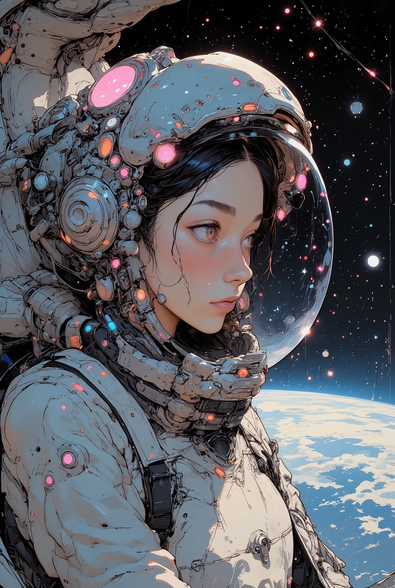 (((Macro))), close up shot : 1.8, profile, (((side view))), from side, space station, ((masutepiece, space suits、Best Beauty Astronaut Images, Glowing expression spinning the earth、Intricate details of the astronaut's suit, Showcasing its advanced design and technology,Swimming in outer space)), (Great attention is paid to the interaction of light on the reflective surface of the suit, Create depth and credibility), 1 girl, detailed person, high resolution, 32K, realistic depiction, (masterpiece, highres, high resolution:1.2), japanese, (((blushing))), solo, smile, big lips, perfect body, Please open your mouth a little, (Anatomically correct), (((Stylistically diverse))), detailed scenes, quirky twist, unique visuals, abstract, surreal Painted light, Pastel colours, Isolated subjects,innocent colours, Soft Lighting, detailed and intricate environment, A masterpiece, tracing effects, oil painting aesthetic, mystical allure, Beautiful details, stylized art aesthetic, Broken Glass effect, stunning, something that even doesn't exist, mythical being, energy, molecular, textures, iridescent and luminescent scales, breathtaking beauty, pure perfection, divine presence, unforgettable, impressive, breathtaking beauty, Volumetric light, auras, rays, vivid colors reflects, (white backgriound : 1.4),