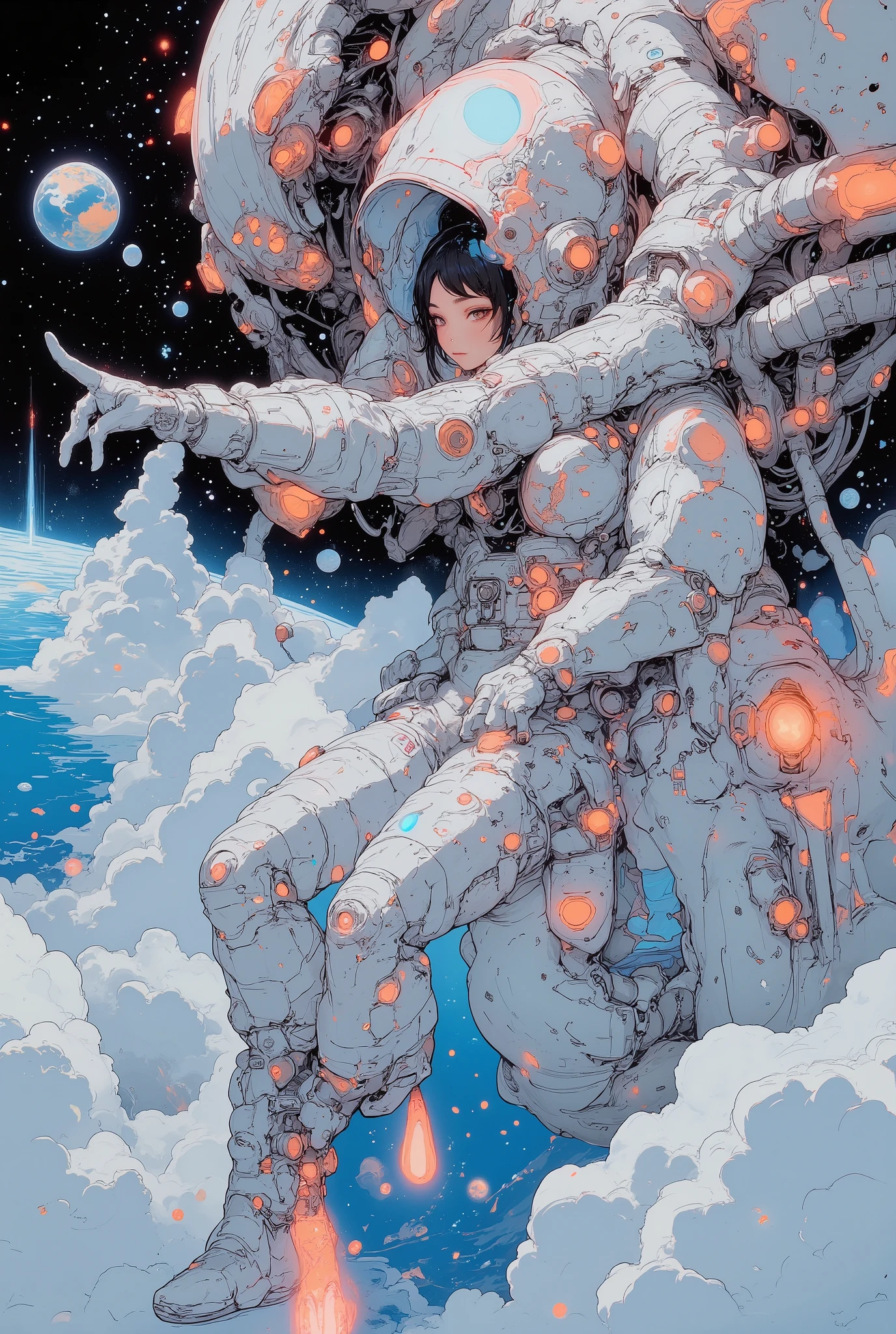space station, ((masutepiece, space suits、Best Beauty Astronaut Images, Glowing expression spinning the earth、Intricate details of the astronaut's suit, Showcasing its advanced design and technology,Swimming in outer space)), (Great attention is paid to the interaction of light on the reflective surface of the suit, Create depth and credibility), 1 girl, detailed person, high resolution, 32K, realistic depiction, (masterpiece, highres, high resolution:1.2), japanese, (((blushing))), solo, smile, ((Pointing with index finger.)), (((all five fingers))), perfect body, (Anatomically correct), (((Stylistically diverse))), detailed scenes, quirky twist, unique visuals, abstract, surreal Painted light, Pastel colours, Isolated subjects,innocent colours, Soft Lighting, detailed and intricate environment, A masterpiece, tracing effects, mystical allure, Beautiful details, stylized art aesthetic, Broken Glass effect, stunning, something that even doesn't exist, mythical being, energy, molecular, textures, iridescent and luminescent scales, breathtaking beauty, pure perfection, divine presence, unforgettable, impressive, breathtaking beauty, Volumetric light, auras, rays, vivid colors reflects, In the background, Earth is partially visible with its blue oceans and white clouds,