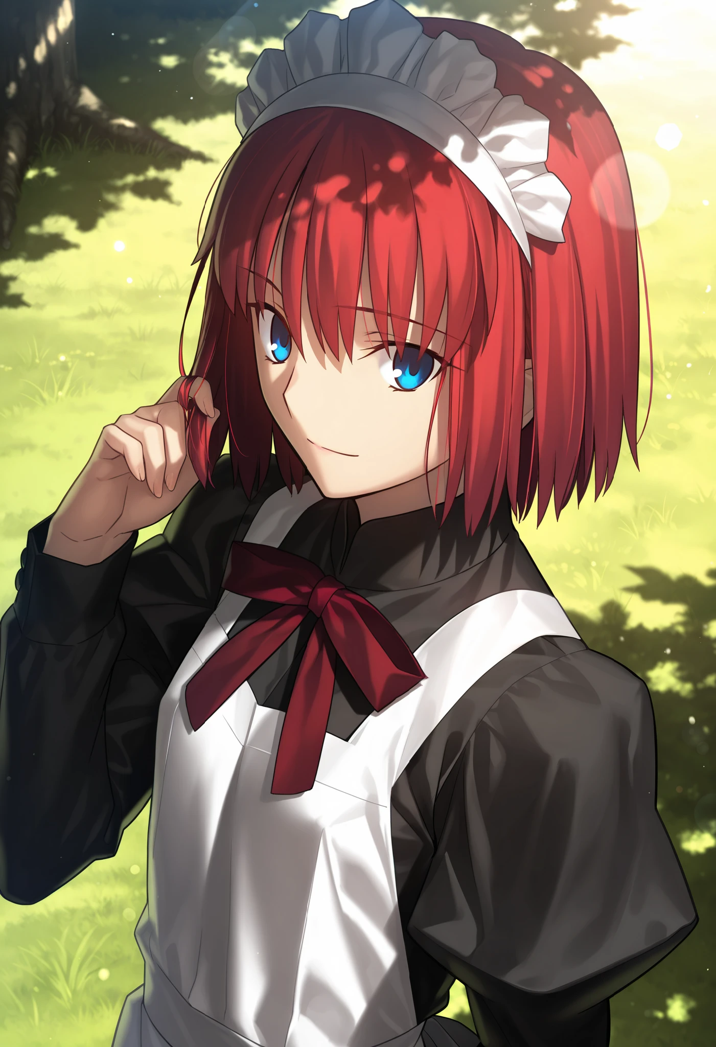 masterpiece, , absurdres, highres, detailed background, high resolution, masterpiece, necessary, detail, best quality, quality, necessary, details, High details, Precise, dark, outdoors, dappled sunlight, day, lens flare, blurry background, from above, upper body,
1girl, , Takeuchi Takashi (type-moon,tsukihime) style, takeuchi takashi style,
tall girl, mature, Akiha_Tohno, (tsukihime), red hair, bangs, (short hair, bob cut hair), blue eyes, straight hair, tsurime, maid headdress, (playing with own hair), light smile,
(black dress shirt, white apron), nipple, dark red ribbon, small breast, flat chest, , looking at viewer, ,