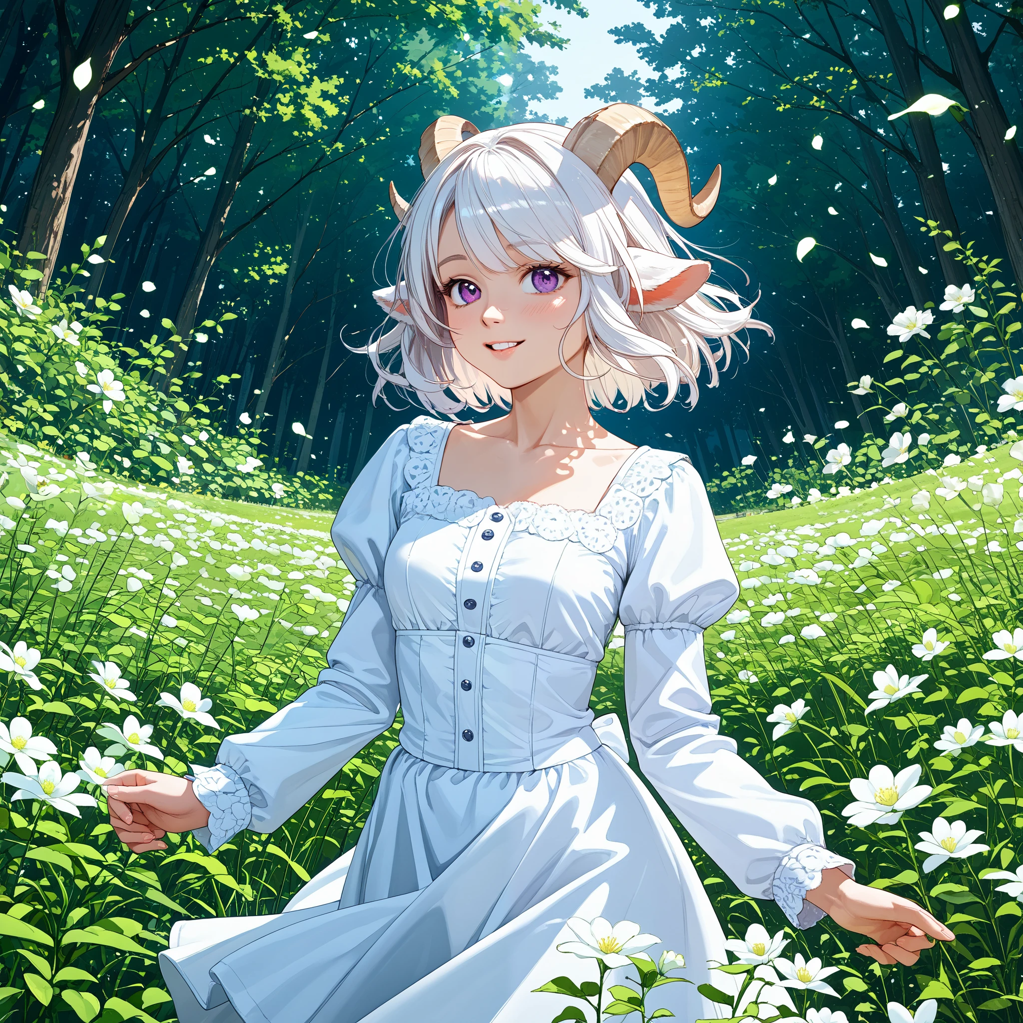 (High CT quality,4k,High resolution,mainpiece:1.1),(Very detailed,Realistic:1.37,Best quality,masterpiece, high resolution,on_body), (Tyndall effect,photorealistic, Edge lighting, Two-color lighting),(high definition skin:1.1), (8K UHD, DSLR quality, soft lighting, high quality, surround lighting, sincere, de 8K , 4K, 8K.) A village goat girl. white short goat horns grow on her head,little goat tail and fluffy goat ears. she has white skin covered with blush and freckles. She has short curly white hair and a bob haircut.She has purple eyes. She is wearing a white sundress with an open neck and breeches with long airy sleeves. She has a wreath of dandelions and clover on her head. Background : a sunny day in an endless field where many wildflowers such as clover, dandelions, daisies, lavender, bluebells and cornflowers bloom.