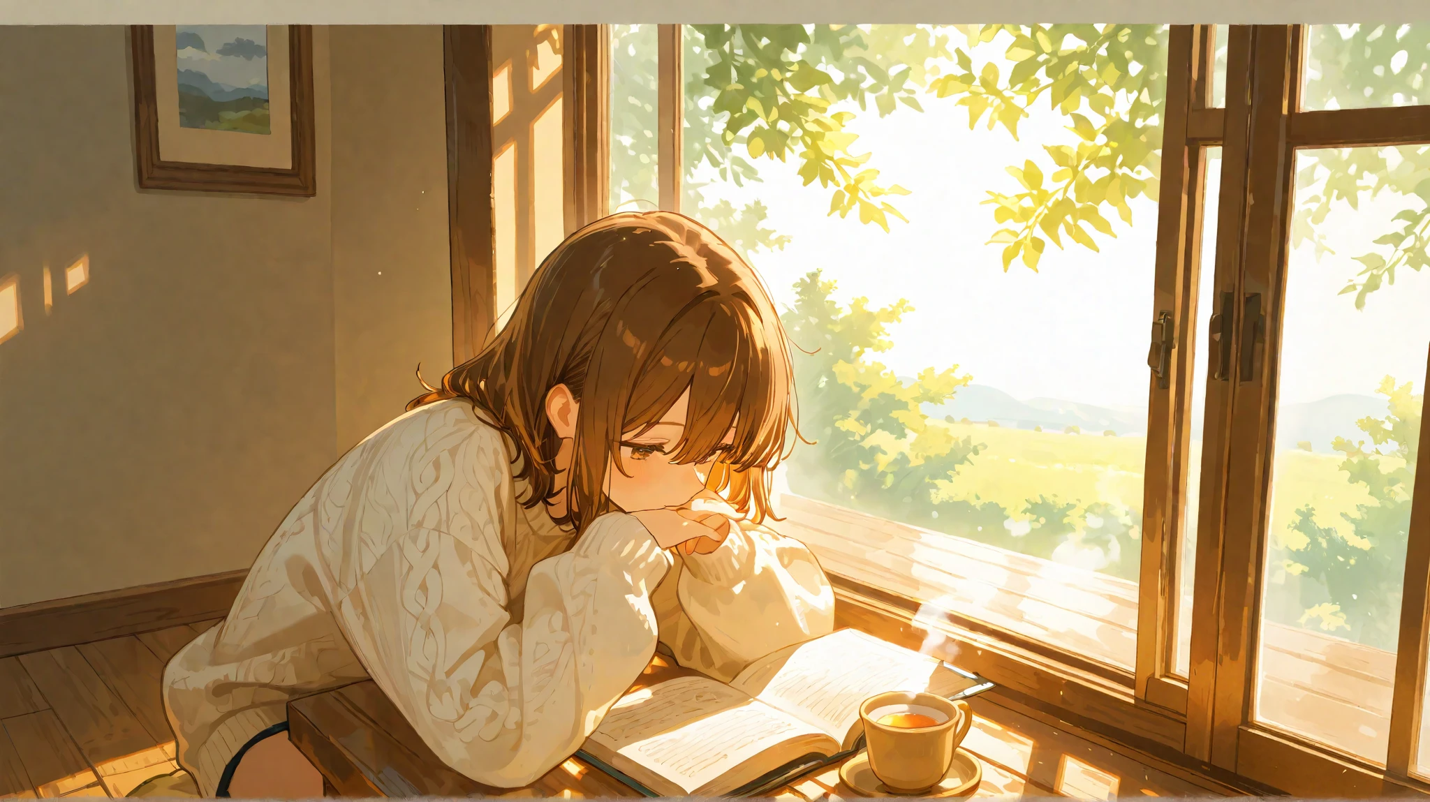 "A tranquil afternoon scene where a young woman with wavy brown hair sits by a large window, a book gently resting in her hands. She wears a soft, cozy sweater, her hazel eyes focused on the pages, completely absorbed in her reading. Outside, the sunlight filters through the trees, casting dappled shadows on the wooden floor. A warm cup of tea sits beside her on the windowsill, steam curling up gently. The atmosphere is peaceful and dreamy, captured in a soft and delicate 2D anime-style illustration."