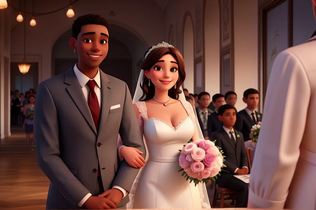 Description:
A man in a black suit with short hair and a beard.
A woman with long light brown hair wearing a white wedding dress.
The couple is happy and smiling.