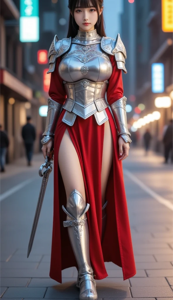 Woman in red silver dress, Immersive art station, torrent scene, ศิลปะFantasyที่มีรายละเอียด, Amazing character art, Excellent and neat character art, beautiful armor, very detailed, red armor girl, Exquisite headdresses and ornaments, (best quality, 10, Masterpiece :1.3), (realistic, ภาพrealistic: 1.37), (1 girl), (Beautiful women between the ages of 18-20), (thin), (Focus on the slender abdomen.. :1.3), (Korea), (Pastel colored leather dress, Long red leather cloak, Long red leather cloak, Show your arms and shoulders., white leather skirt, short leather skirt, Emphasize her legs., High groove,), (รองเท้าHeel Height), (Random pose), Huge breasts, exposed cleavage, ((dark brown hair, long hair)), exquisite face, Open the show, Fantasy, Slender figure, Very smooth face, Good eyes, Double eyelids, (long hair, Random hairstyles), (big girl :1.3), (outdoor), (Extraordinarily detailed face), (Detailed eyes), (Double eyelids), (Eyeshadow makes eyelashes look thicker.......), obscure, (Long legs, Heel Height), (((Whole body))), (professional lighting), (Photon mapping), (Radiation), red armor girl, red armor girl, Carrying a giant sword, large sword, Big Sword, (Look directly at the audience.....), Meadow scene, mountain, cave mouth, stone, big tree