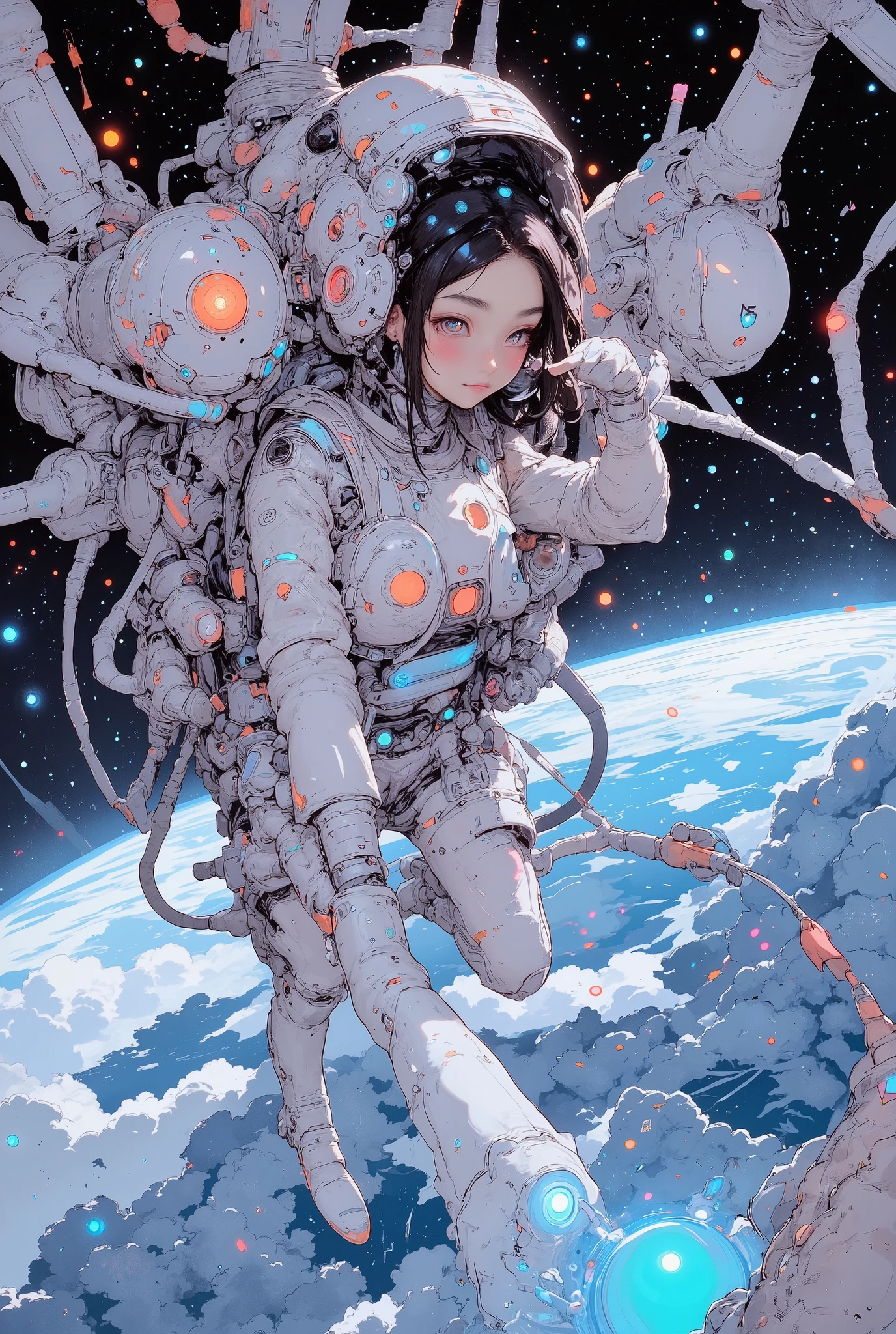 space station, ((masutepiece, space suits、Best Beauty Astronaut Images, Glowing expression spinning the earth、Intricate details of the astronaut's suit, Showcasing its advanced design and technology,Swimming in outer space)), (Great attention is paid to the interaction of light on the reflective surface of the suit, Create depth and credibility), 1 girl, detailed person, high resolution, 32K, realistic depiction, (masterpiece, highres, high resolution:1.2), japanese, (((blushing))), solo, smile, ((Pointing with index finger.)), (((all five fingers))), perfect body, (Anatomically correct), (((Stylistically diverse))), detailed scenes, Pastel colours, Isolated subjects,innocent colours, Soft Lighting, detailed and intricate environment, A masterpiece, tracing effects, Beautiful details, stylized art aesthetic, breathtaking beauty, pure perfection, impressive, breathtaking beauty, Volumetric light, auras, rays, vivid colors reflects, In the background, Earth is partially visible,