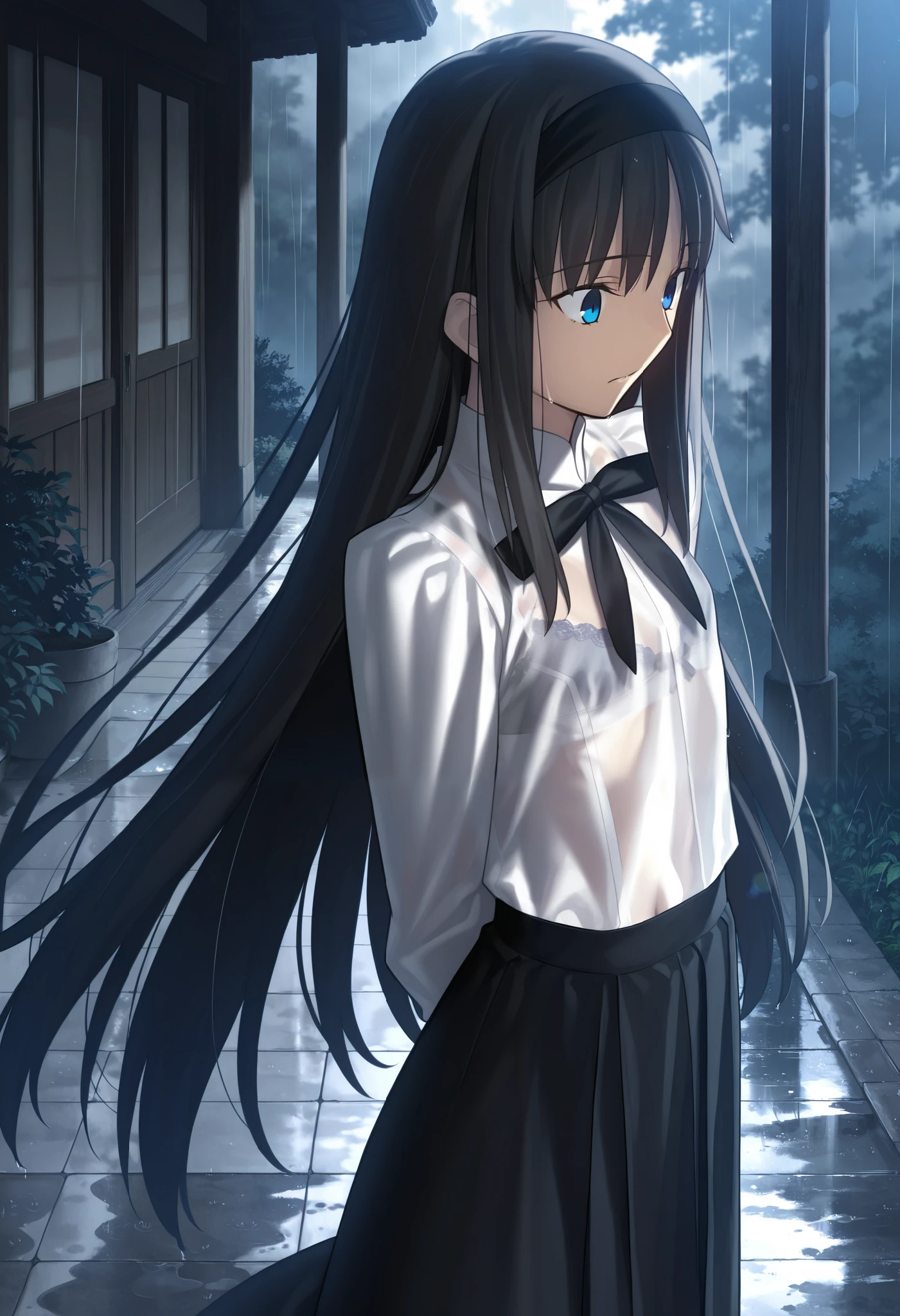 masterpiece, , absurdres, highres, detailed background, high resolution, masterpiece, necessary, detail, best quality, quality, necessary, details, High details, Precise, dark, outdoors, dappled sunlight, day, lens flare, blurry background, from above, upper body, from side,
1girl, , Takeuchi Takashi (type-moon,tsukihime) style, takeuchi takashi style,
tall girl, mature, Akiha_Tohno, (tsukihime), black hair, bangs, long hair, blue eyes, upturned eyes, black headband, straight hair, tsurime, ,(arms behind back), surprised, wide-eyed,
(white shirt, black long skirt), see-through, bra, undress black ribbon, small breast, flat chest, , looking down, rain,