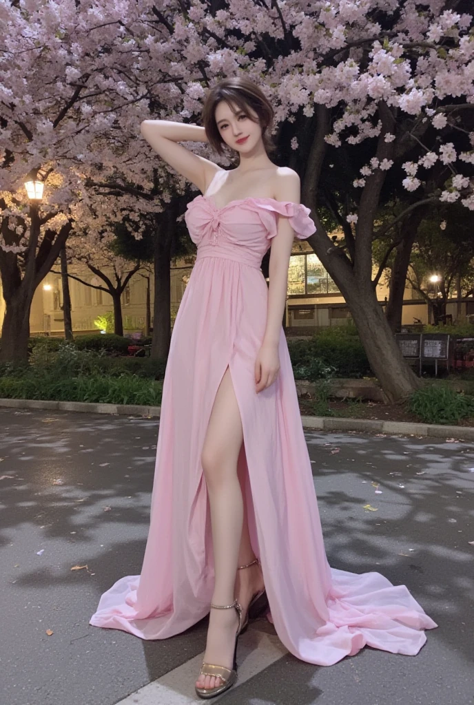 Woman in pink dress standing on the street, Wearing a pink ballroom gown, Pink dress, Flowing gown, romantic dress, soft elegant gown, dressed beautiful gown, Dressed in a pink dress, wearing an evening gown, Wearing elegant dresses, Wearing a pink dress, wearing long gown, korean female fashion model, inspired by Kim Jeong-hui