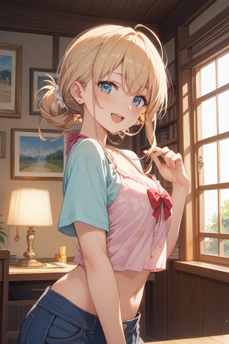 highest quality, Super detailed, (Ultra High Resolution 8K), ((Apron Lift)), Naked Apron, Very shy girl, Big Breasts, Show your underbelly, (Blushing, Embarrassing), Very hot day, Shade, Seduce, Professional photography techniques, Beautiful crotch, Angle from below