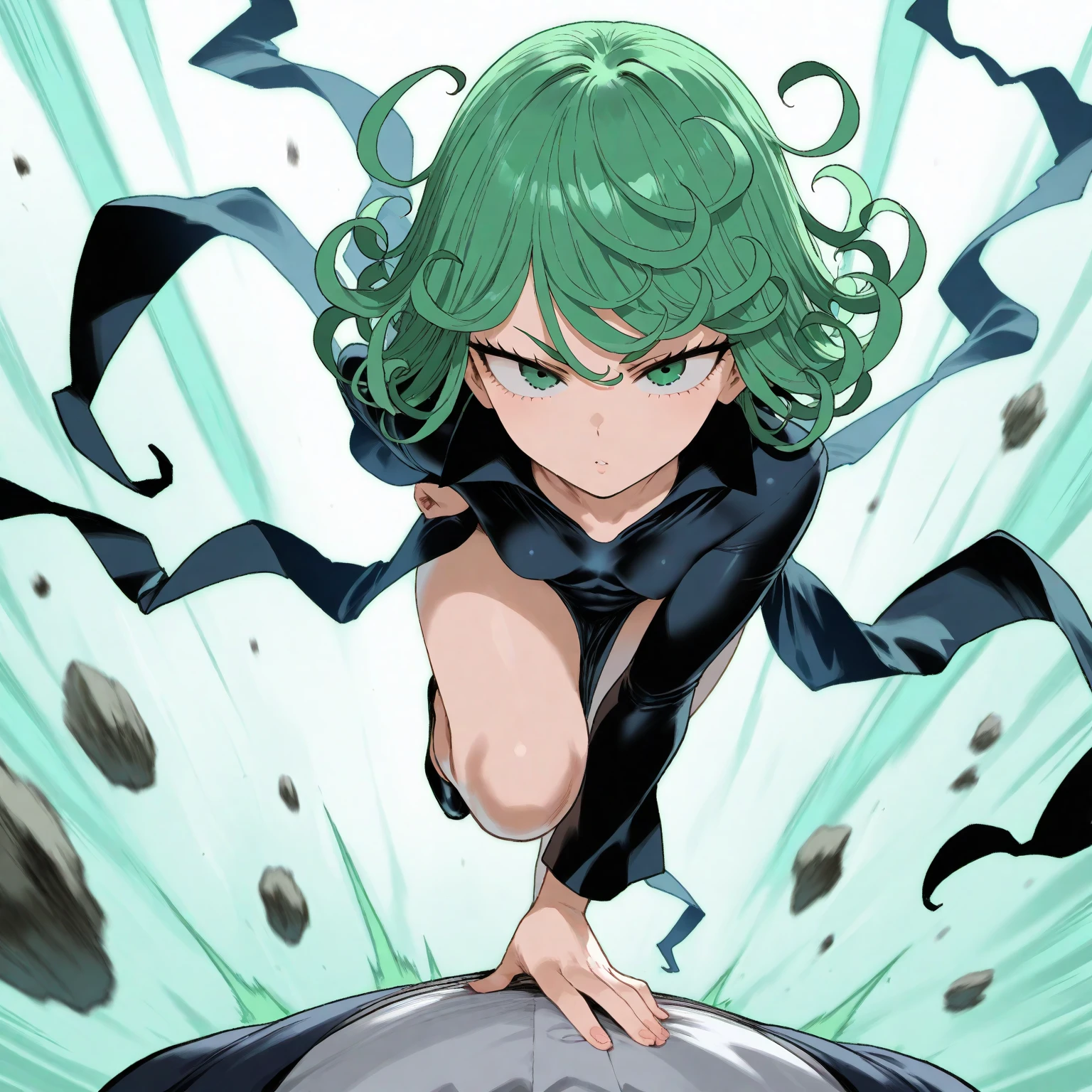 (masterpiece, best quality),1girl, Tatsumaki, a key character from the anime and manga series 'One Punch Man.' She is known for her stature, unmatched psychic powers, and distinctive style. Tatsumaki has long, curly, forest green hair that flows freely. Her outfit is a sleek, dark green, form-fitting dress with black trim, highlighting her status as the second-ranked S-Class hero. She often has a serious or haughty expression, underlining her confident and sometimes brash personality. The scene should capture her in the midst of using her telekinetic abilities to levitate rocks and debris around her, emphasizing the effortless control she wields over her environment. Her eyes, sharp and intense, focus on an unseen threat or challenge, showcasing her readiness to defend or attack. The background should be dynamic and atmospheric, perhaps suggesting a battle has just taken place or is about to, with a mix of destruction and swirling energy that reflects her psychic powers in action. The overall mood is powerful, intense, and slightly mysterious, capturing Tatsumaki's formidable presence and the awe she inspires in both allies and adversaries.