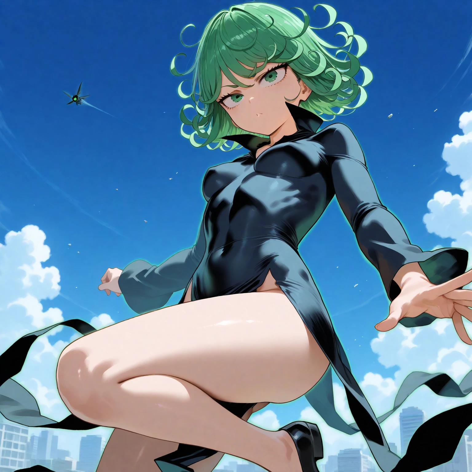 work of art, best qualityer, CG 8k, (colorfully), tatsumaki, 1 girl, Volumetric Light, Ray tracing, (anatomical correct), (Full Body 1.1), Body cute, ideal feminine image, corpor sexly, nice legs, eyes glowing green, rosy cheeks, gazing at viewer, visible legs, raised thong panties, black gown, sexly, HDR, medium breasts, a hand on the breast, adult, ideal woman body, 独奏, fund: blue sky, buildings, green fireflies in the air