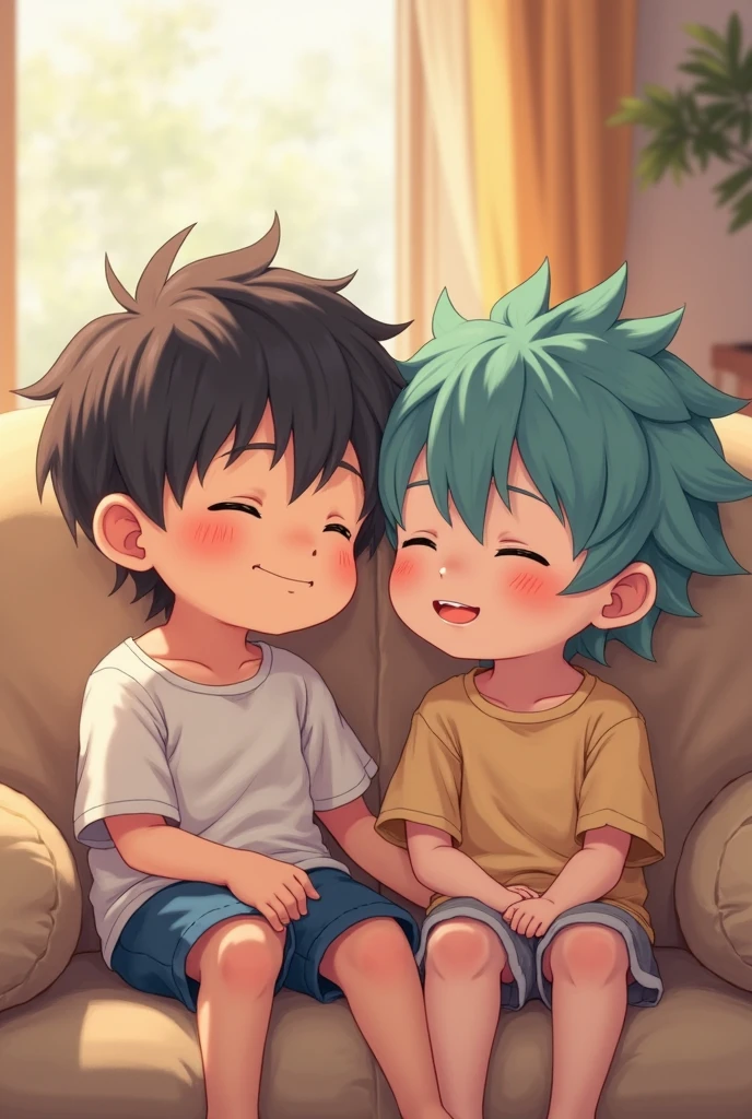 Emo anime boy, blue hair, skin very white, laughing, sitting on sofa, barefoot, getting tickled on the soles of her feet by a dark-skinned boy