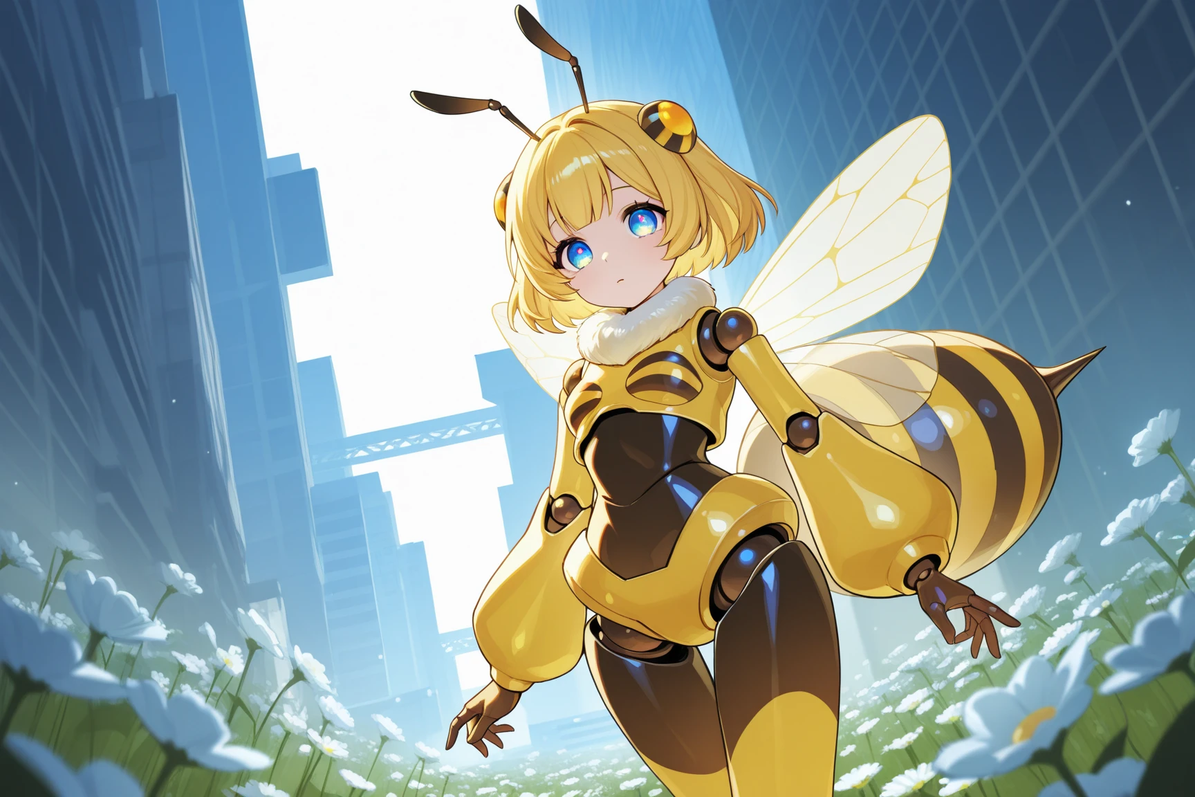 Sexy female drone, bee themed bodysuit, latex, bee wings, red compound goggles, high heels, masked face, exposed mouth, blonde hair