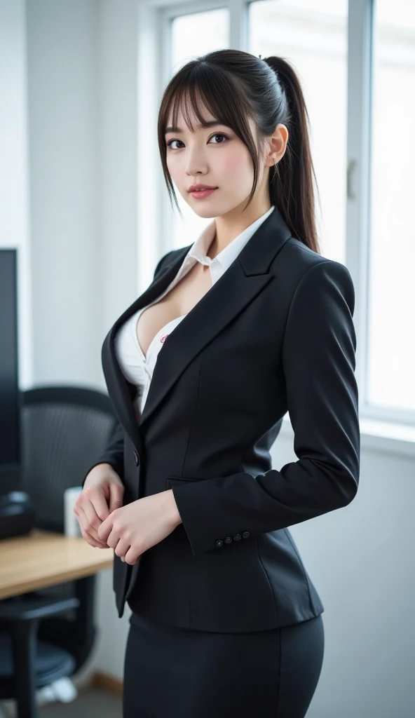 (Best-quality, Masterpiece, Ultra-High-Resolution, (Photorealistic:1.4), Raw Photo, depth of field, professional lighting, perfect anatomy, extremely details), 1girl, 15-years-old, the most famous Japanese idol, portrait, sitting on business chair at office, ((wearing formal business-suit)), extremely cute face like the most popular Japanese idol, extremely beautiful big-black-eyes, extremely beautiful hair, extremely beautiful skins, extremely beautiful long-eyelashes, extremely beautiful lips, looking at viewer, ((((feeling very strong sexual arousal and very strong sexual pleasure, want to have sex right now)))), detailed office, ((detailed formal-business-suit)), detailed business-chair