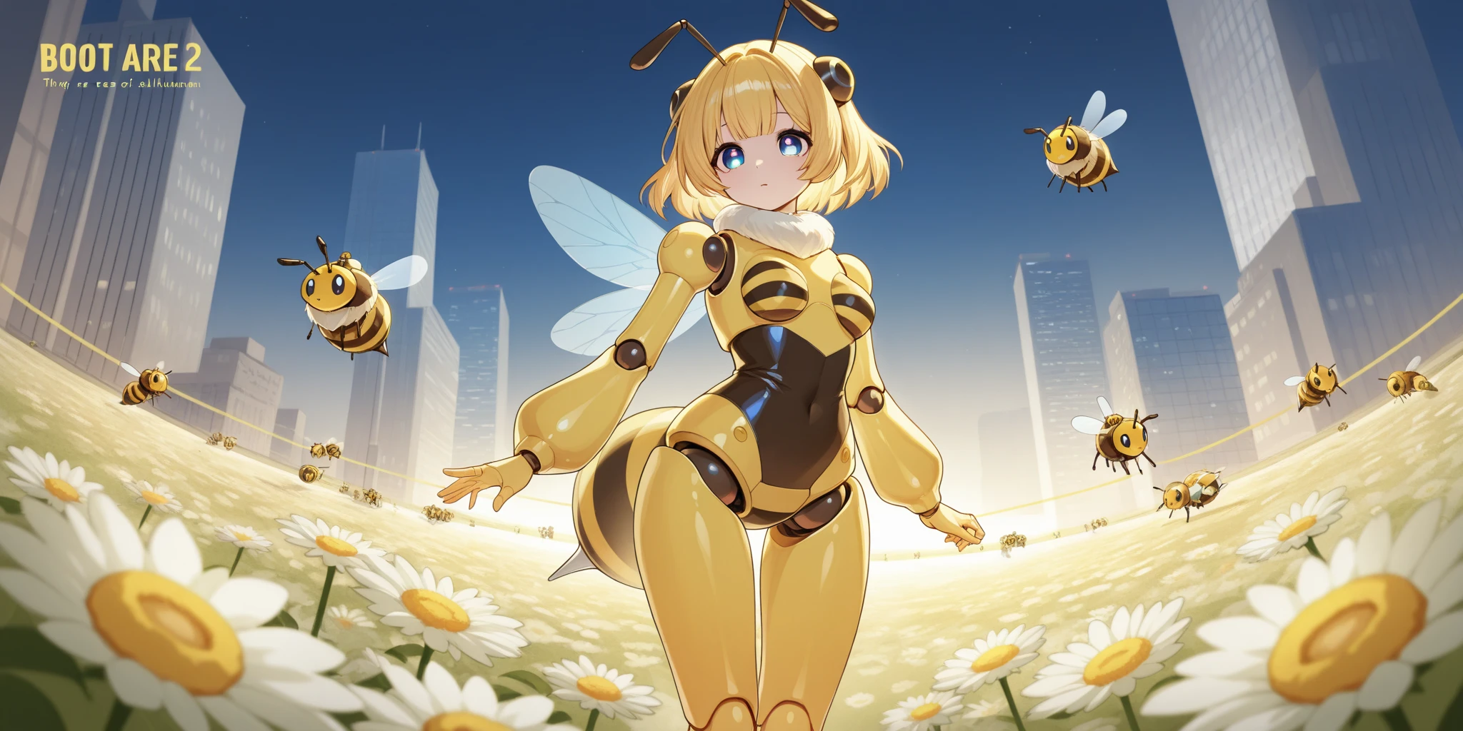 (masterpiece), (highly detailed), light rays, (light particles), (tone mapping), uncensored, [sunflower field background], 
(1girl), ((cute)), (upper body), (streaked hair), (black and (yellow hair)), anime blue eyes, (big eyes:1.25), bee wings, solo, happy, smile, [blush], (bee girl:1.4), (antennae:1.2), (black and yellow fur:1.3), ((((fur) bodysuit))), (fur covered body)