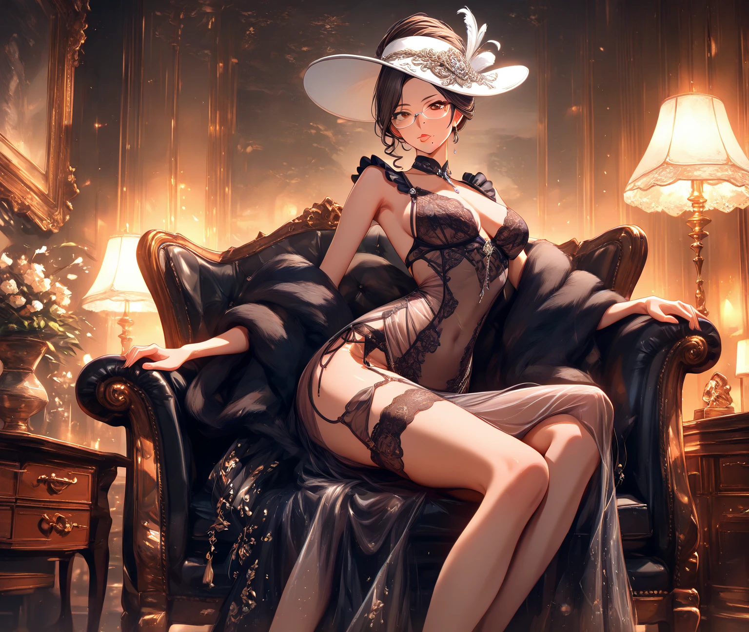 (realistic illustration). cute 27 yo blonde Caucasian woman with green eyes. Sexy (chubby:0.7) figure, natural breasts, beautiful ass. ((naughty smile)),(Aroused:1.2). Smoky eye, mascara, sheer black lace lingerie, robe, high heels, Masterpiece, (highly detailed:1.2),(detailed face and eyes:1.2), 8k wallpaper, Moody lighting. core shadows, high contrast, bokeh.