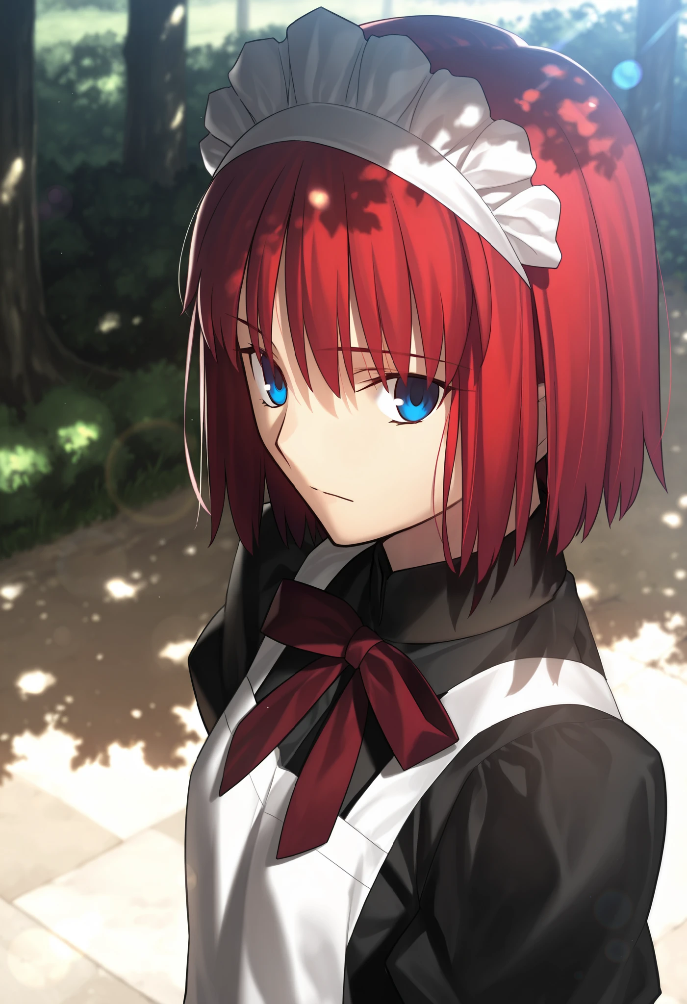 masterpiece, , absurdres, highres, detailed background, high resolution, masterpiece, necessary, detail, best quality, quality, necessary, details, High details, Precise, dark, outdoors, dappled sunlight, day, lens flare, blurry background, from above, from side, upper body,
1girl, , Takeuchi Takashi (type-moon,tsukihime) style, takeuchi takashi style,
tall girl, mature, Akiha_Tohno, (tsukihime), red hair, bangs, (short hair, bob cut hair), blue eyes, straight hair, tsurime, maid headdress, (), expressionless,
(black dress shirt, white apron), , dark red ribbon, small breast, flat chest, , looking at viewer, ,