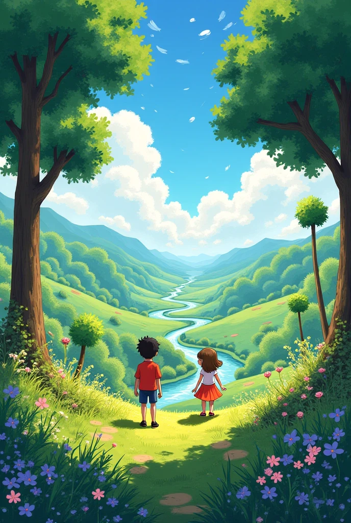 Isa and Luzia are sitting on a bench in the park, aproveitando o dia ensolarado. Ao fundo, children play and birds fly across the blue sky.