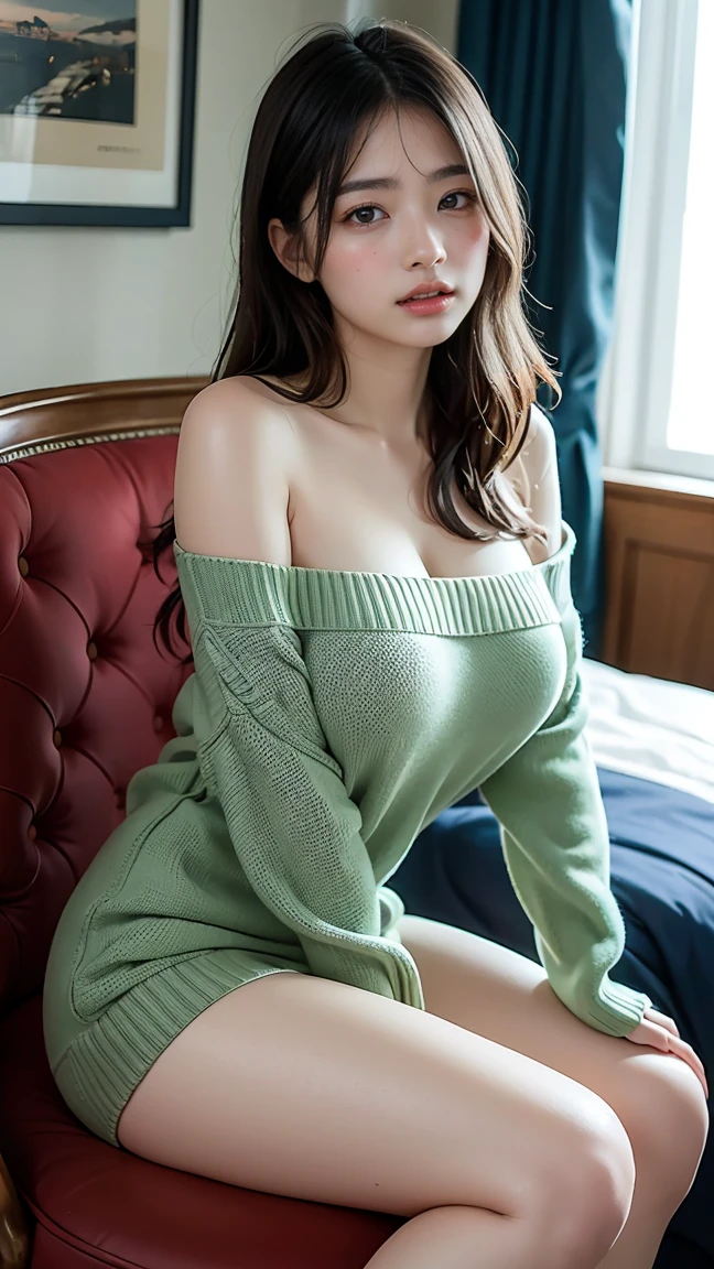 masutepiece, Best Quality, Illustration, Ultra-detailed, finely detail, hight resolution, 8K Wallpaper, Perfect dynamic composition, Beautiful detailed eyes, Natural Lip, lightgreen knitted dress , Big breasts, cleavage , Random (very sexual poses) , show me your sexy butt