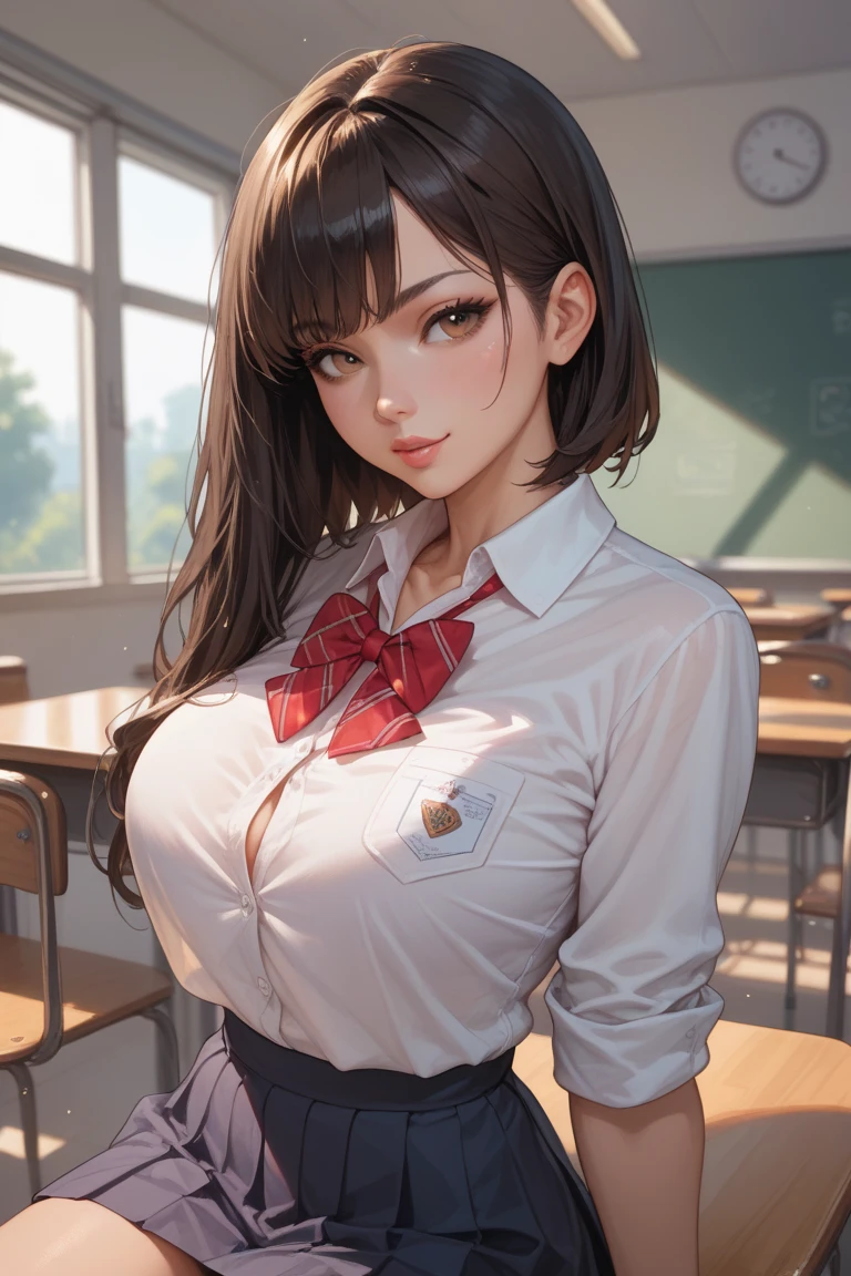 1girl,(Masterpiece: 1.3), (Maximum resolution: 1.2), (Ultra HDTV: 1.2), Cinema light, Ultra HDTV, (Detailed eyes and skin), (Detailed facial features), HDR, 8k resolution, Sharp Focus: 1.2, Perfect style, beautiful face, accurate, anatomically correct, highly detailed beauty face and skin texture, detailed eyes, brown eyes, double eyelids, thin eyebrows, glitter eyeliner: 1.2, natural cheeks, glossy skin, fair skin: 1.2, shiny little necklace and earrings, (glossy lips: 1.4), natural lighting, masterpiece, highly detailed, illustration, game CG, absurdres, high quality, medium breasts, redhead, lightly curled hair, freckles, glossy lips, looking at viewer, lips parted, classroom, white blouse, cleavage, short black pleated miniskirt, school uniform, sitting, (legs crossing:1.5)