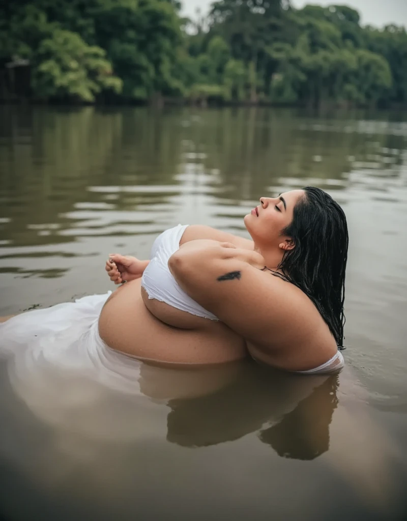 fat black woman, white fabric covering the breasts , In the water of the sea, with a leaf on his face