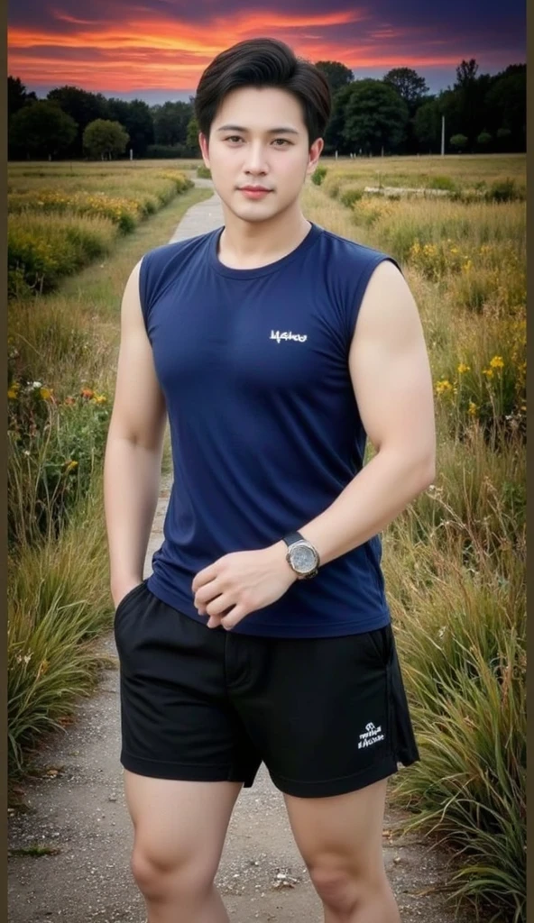 ((realistic daylight)) , Young Korean man in a green t-shirt Denim shirt, jeans, A handsome, muscular young Asian man looks at the camera. In a simple t-shirt blue and red , Along the canal ,turn sideways